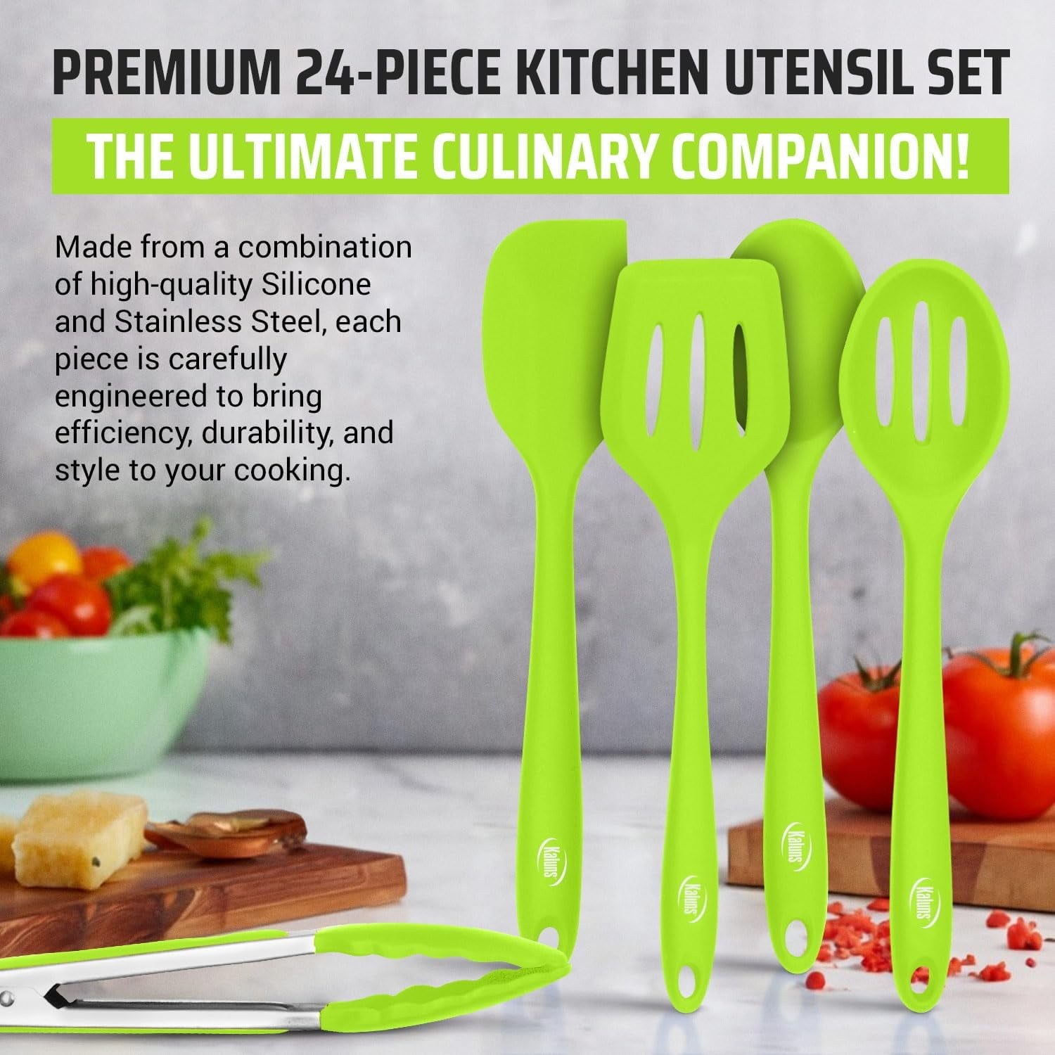 Kaluns Silicone Cooking Utensils Set 24 Pcs - Premium Heat Resistant Cooking Set & Kitchen Essentials - Non-Stick Kitchenware with Stainless Steel Handles - Image 3