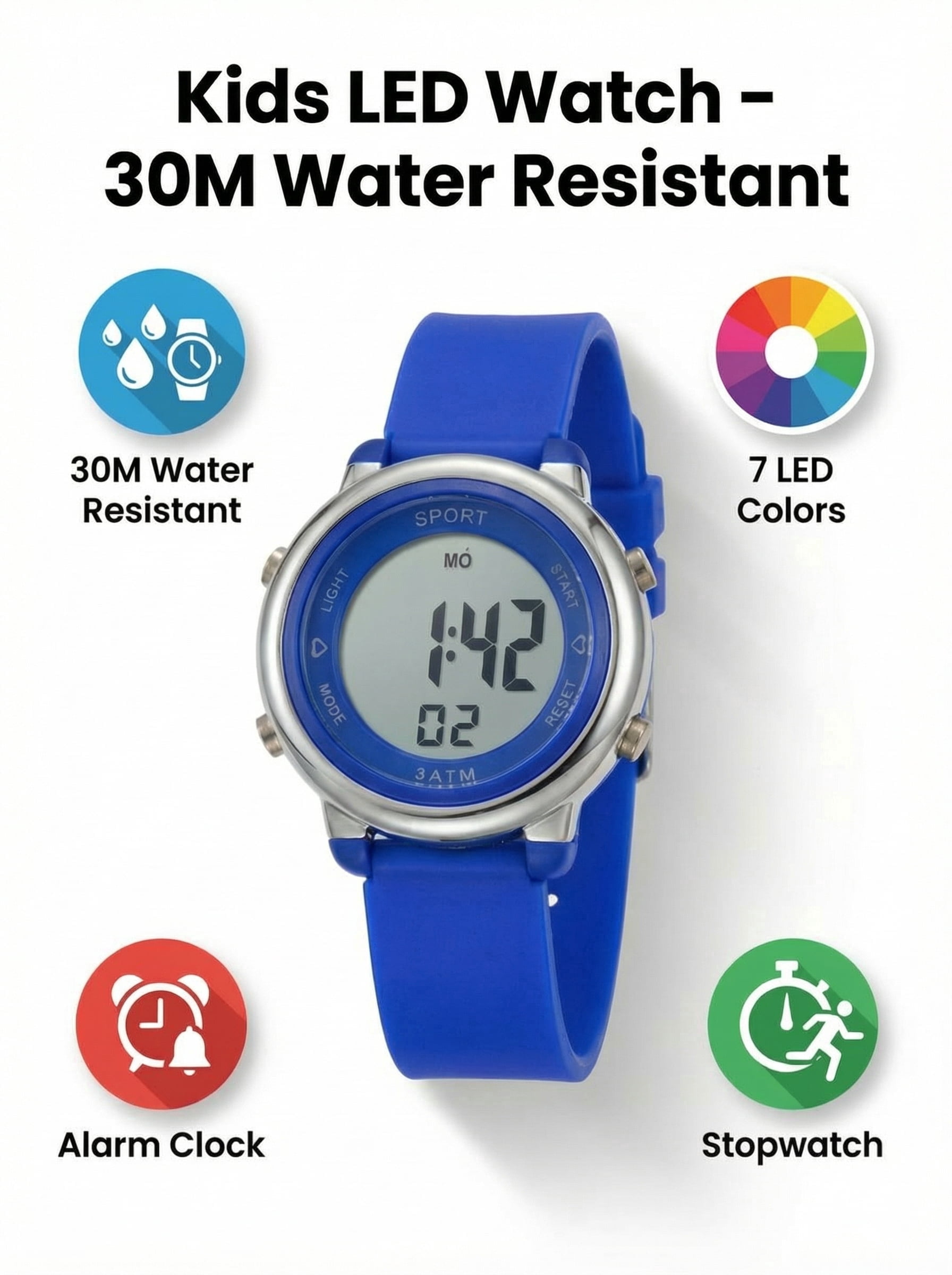 Kids Digital Watch for Girls - 30M Waterproof Sport Watch with 7-Color Night Light, Stopwatch & Alarm, Pink Wristwatch for Kids Ages 3-12