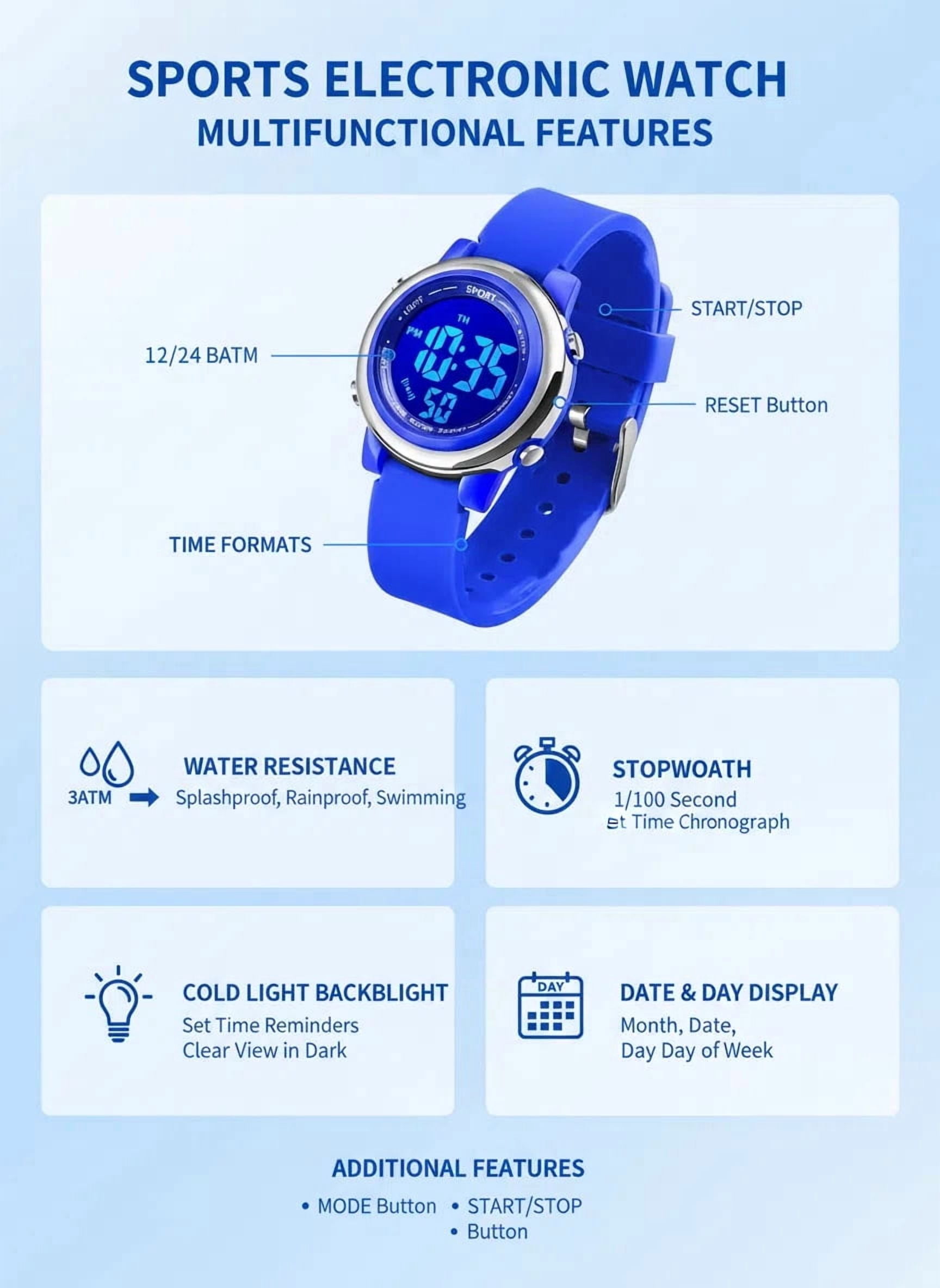 Kids Digital Watch for Girls - 30M Waterproof Sport Watch with 7-Color Night Light, Stopwatch & Alarm, Pink Wristwatch for Kids Ages 3-12 - Image 5