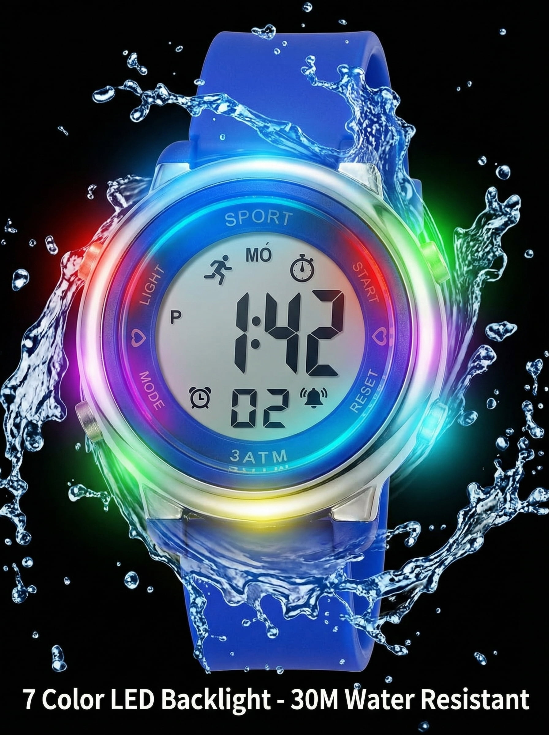 Kids Digital Watch for Girls - 30M Waterproof Sport Watch with 7-Color Night Light, Stopwatch & Alarm, Pink Wristwatch for Kids Ages 3-12 - Image 3