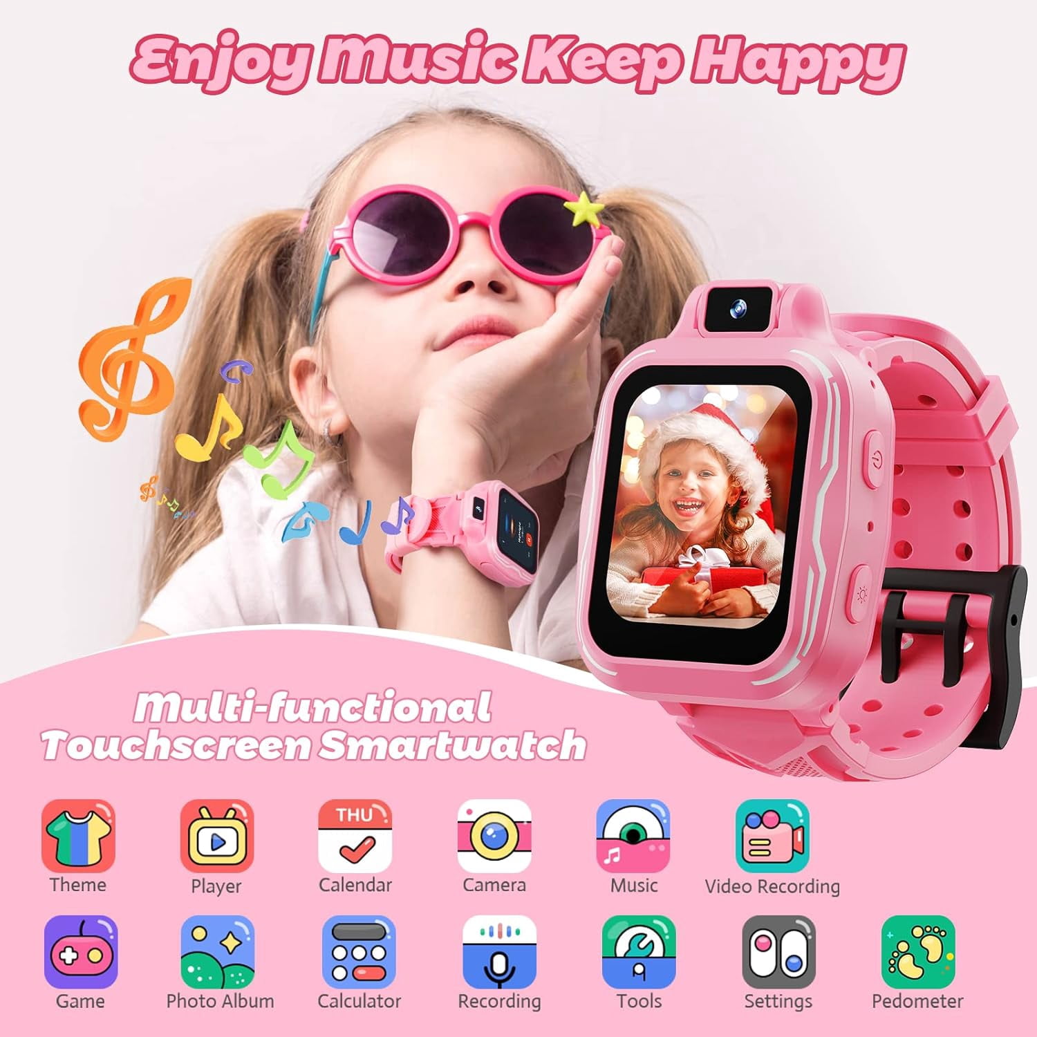 Kids Digital Watch Girls, Best Christmas Birthday Gifts for Age 3 4 5 6 7 8 9 Years Children,Touchscreen Toddler Sport Smart Watch with Camera FM MP3 Pedometer - Light Pink with 32GB SD Card - Image 4