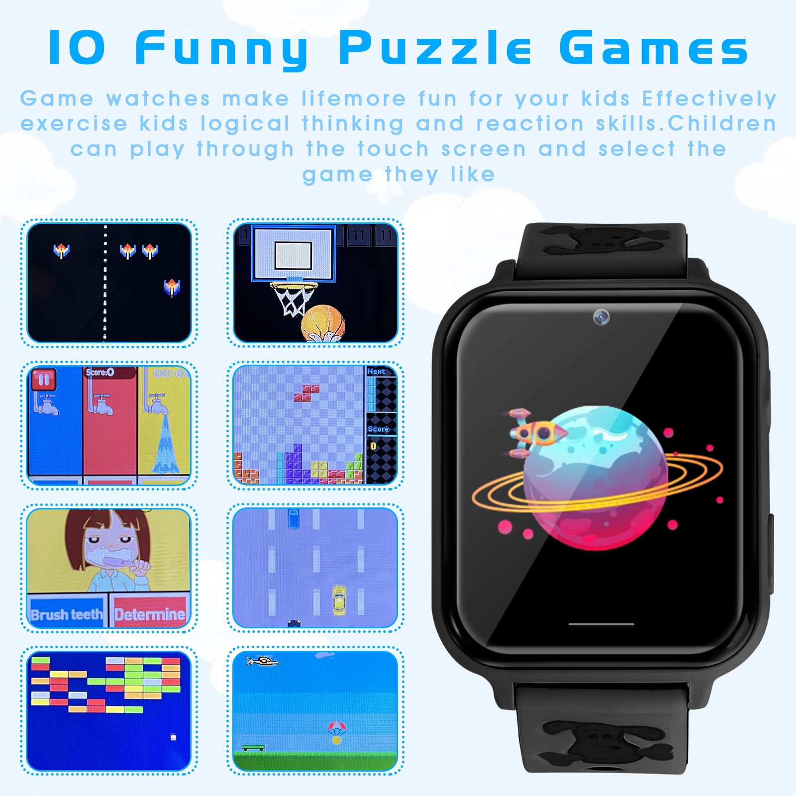 Kids Game Smartwatch, MP3 Player Music Watch Phone with 10 Camera, Alarm, SOS, Camera 2-Way Call Sports Wrist Watch for Boys Girls Holiday Birthday Christmas Gifts Black (with 1GB SD Card) - Image 2