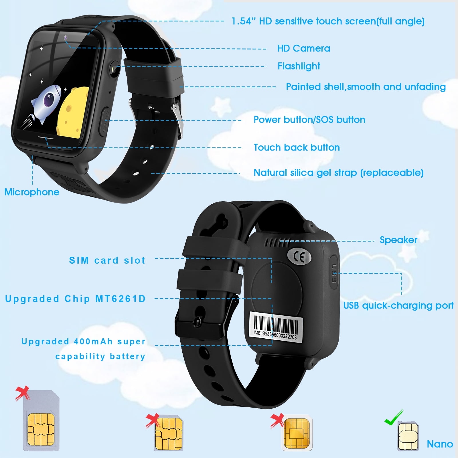 Kids Game Smartwatch, MP3 Player Music Watch Phone with 10 Camera, Alarm, SOS, Camera 2-Way Call Sports Wrist Watch for Boys Girls Holiday Birthday Christmas Gifts Black (with 1GB SD Card) - Image 5