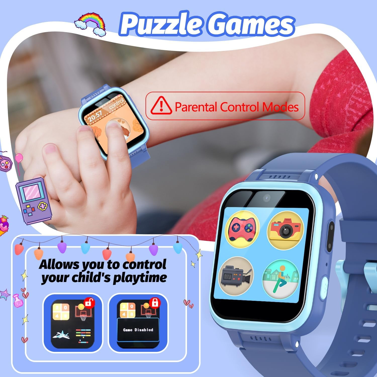 Kids Game Watch Gift with 26 Puzzle Games, Dual Camera, Music Player, Pedometer, Video Recorder, Flashlight, Alarm Clock, Educational Toy for Boys and Girls Age 4-12, Birthday Chritmas Gift - Image 2
