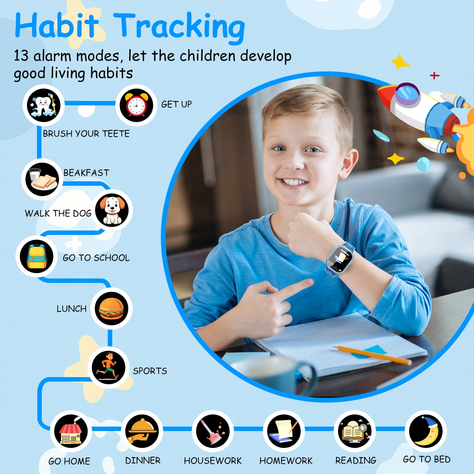 Kids Smart Watch for Boys Girls, 1.83"HD Smartwatch for Kids with Habit Tracker, 26 Games, Video Camera Music Player Pedometer Alarm Clock, Waterproof Smartwatches, Boys Girls Birthday Gift Blue - Image 4