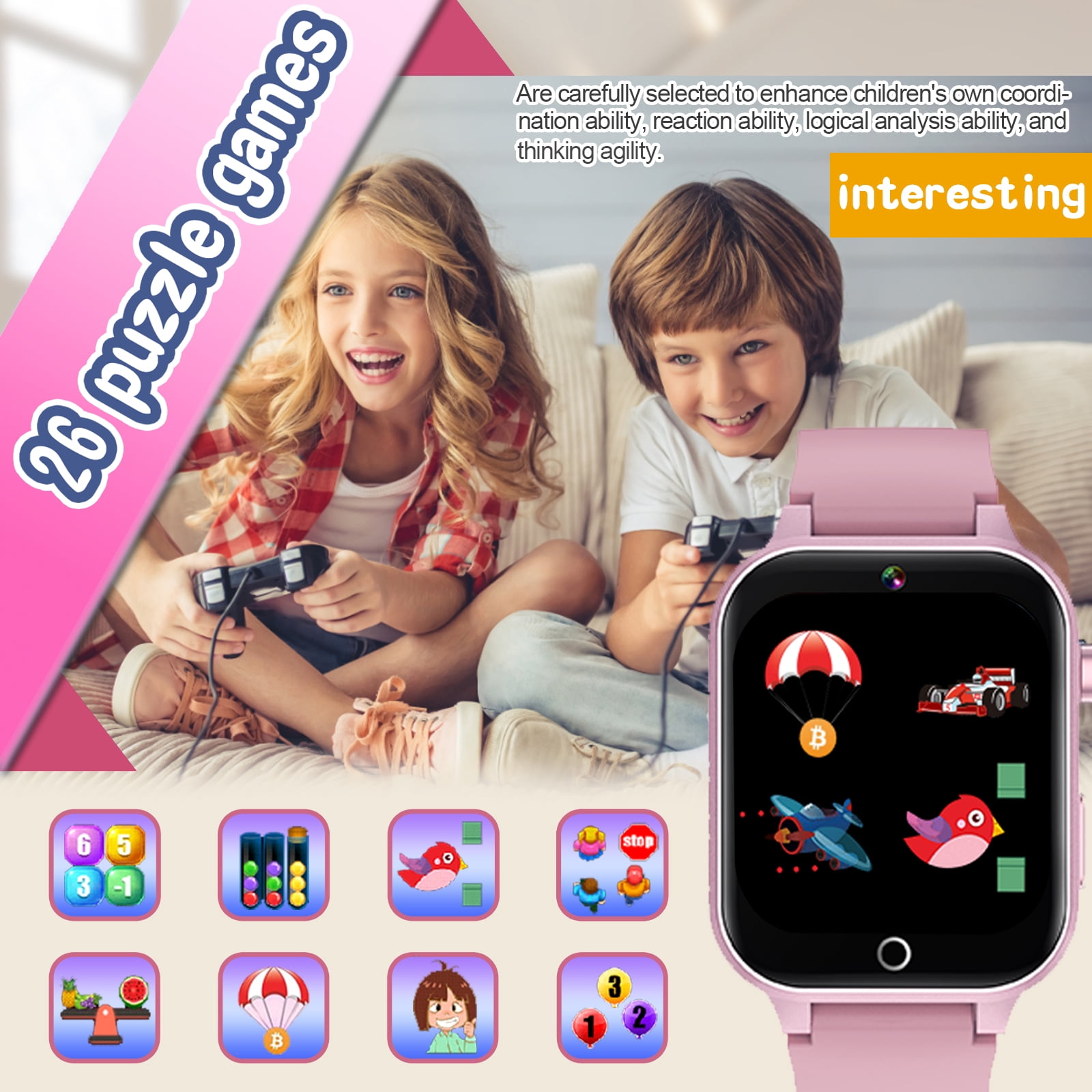Kids Smart Watches with Music Player,36 Styles Themes,13 Alarm Clock,School Model Intereting Features,Smart Watches Birthday Charistmas Gifts for 5-12 Year Olds Boys Girls(Pink) - Image 5