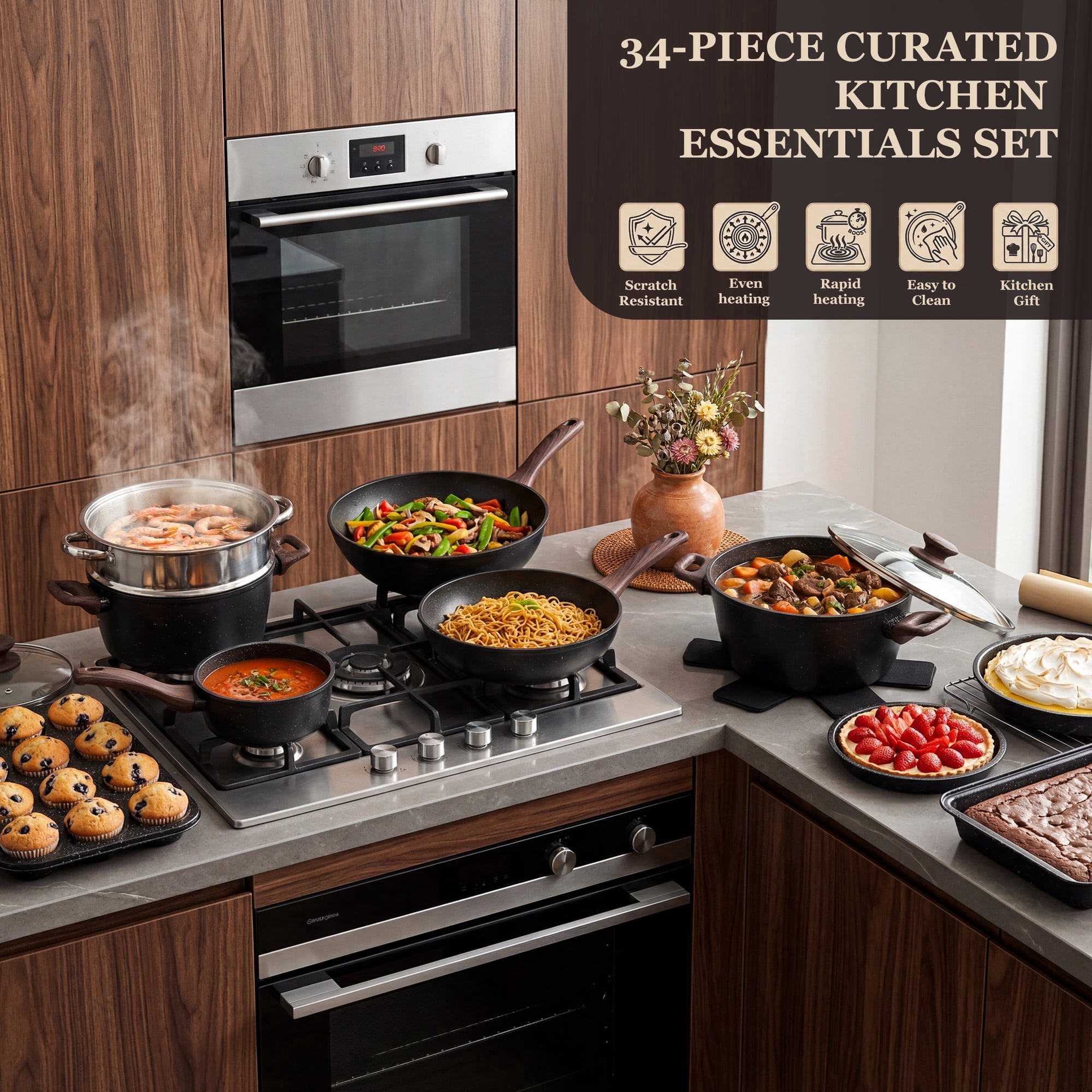Kikcoin 34-Piece Pots and Pans Set, Dishwasher-Safe Non Stick Pots and Pans with Utensils, Premium Bakeware and Cookware Set for Kitchen, Black - Image 5