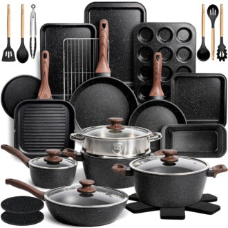 Kikcoin 34-Piece Pots and Pans Set, Dishwasher-Safe Non Stick Pots and Pans with Utensils, Premium Bakeware and Cookware Set for Kitchen, Black