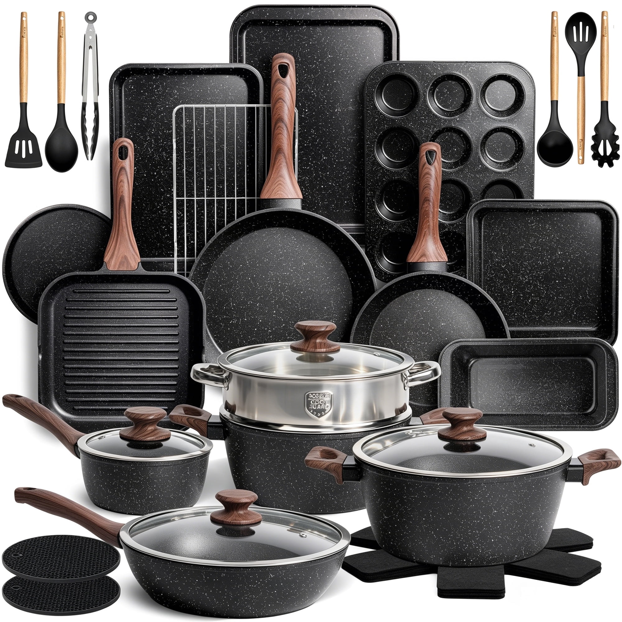 Kikcoin 34-Piece Pots and Pans Set, Dishwasher-Safe Non Stick Pots and Pans with Utensils, Premium Bakeware and Cookware Set for Kitchen, Black
