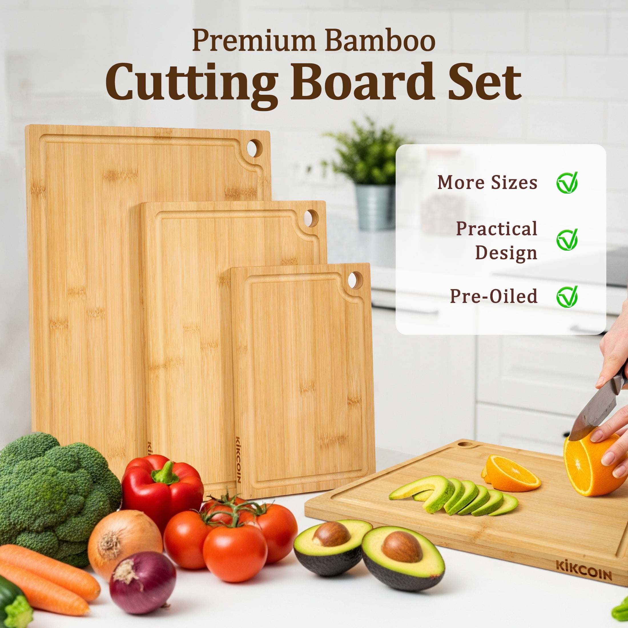 Kikcoin Bamboo Cutting Board, 3 Pcs Cutting Board with 3 Hooks, Wood Chopping Boards for Kitchen, Deep Juice Groove for Vegetables and Meat - Image 3