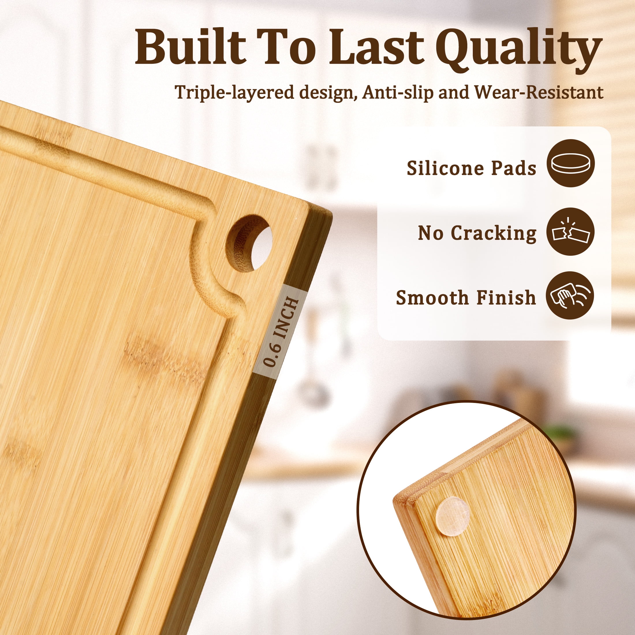 Kikcoin Bamboo Cutting Board, 3 Pcs Cutting Board with 3 Hooks, Wood Chopping Boards for Kitchen, Deep Juice Groove for Vegetables and Meat - Image 5