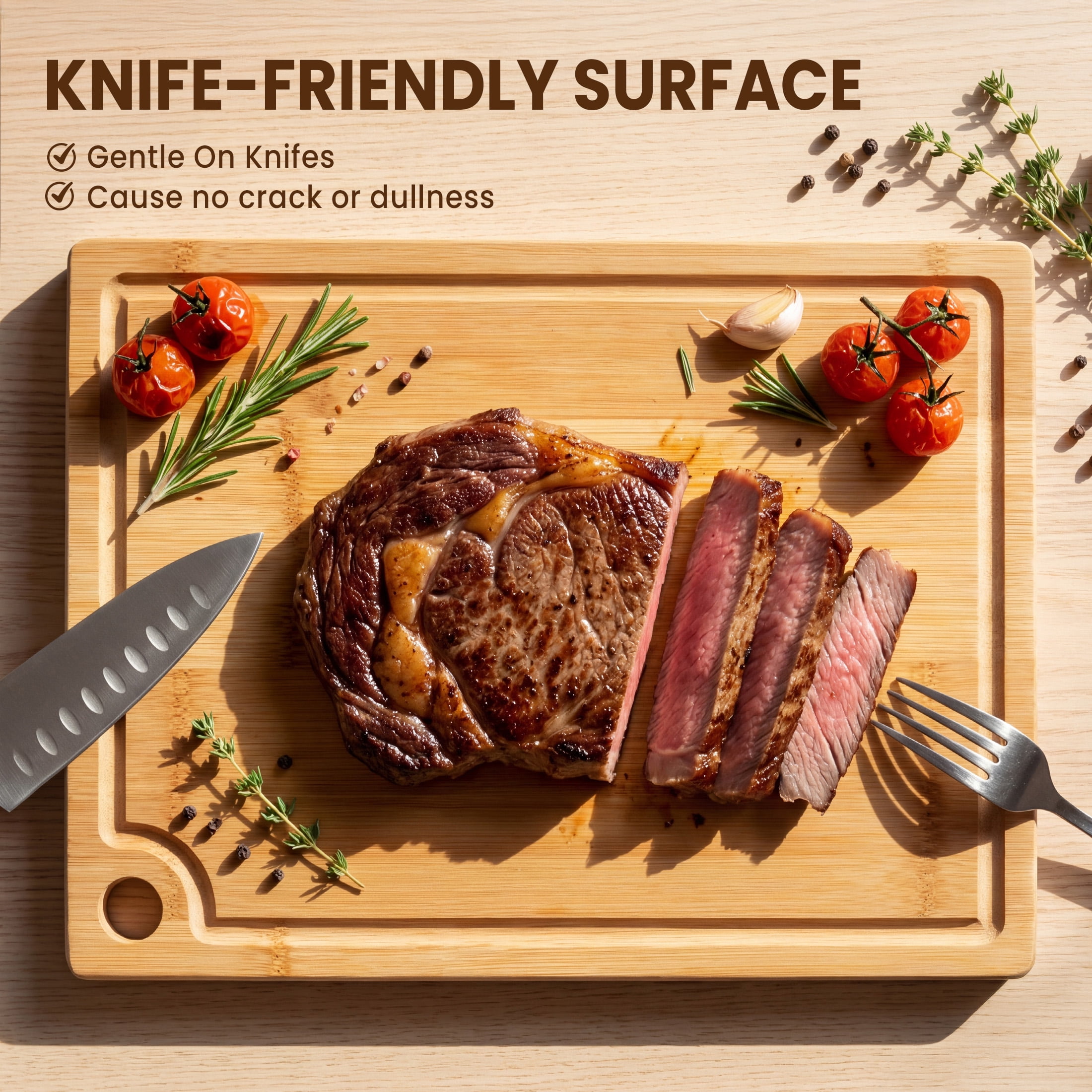 Kikcoin Bamboo Cutting Board, 3 Pcs Cutting Board with 3 Hooks, Wood Chopping Boards for Kitchen, Deep Juice Groove for Vegetables and Meat - Image 2