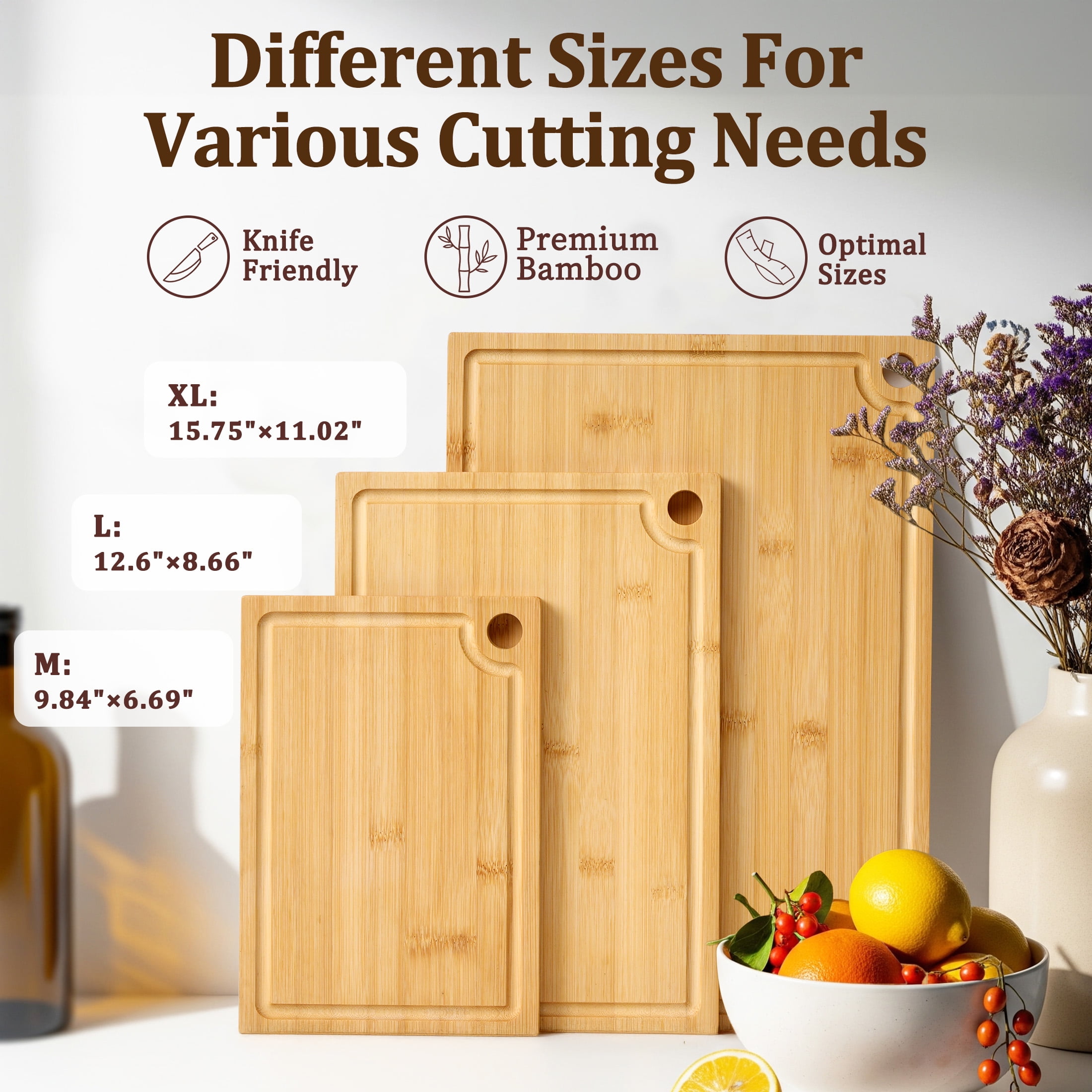 Kikcoin Bamboo Cutting Board, 3 Pcs Cutting Board with 3 Hooks, Wood Chopping Boards for Kitchen, Deep Juice Groove for Vegetables and Meat - Image 4