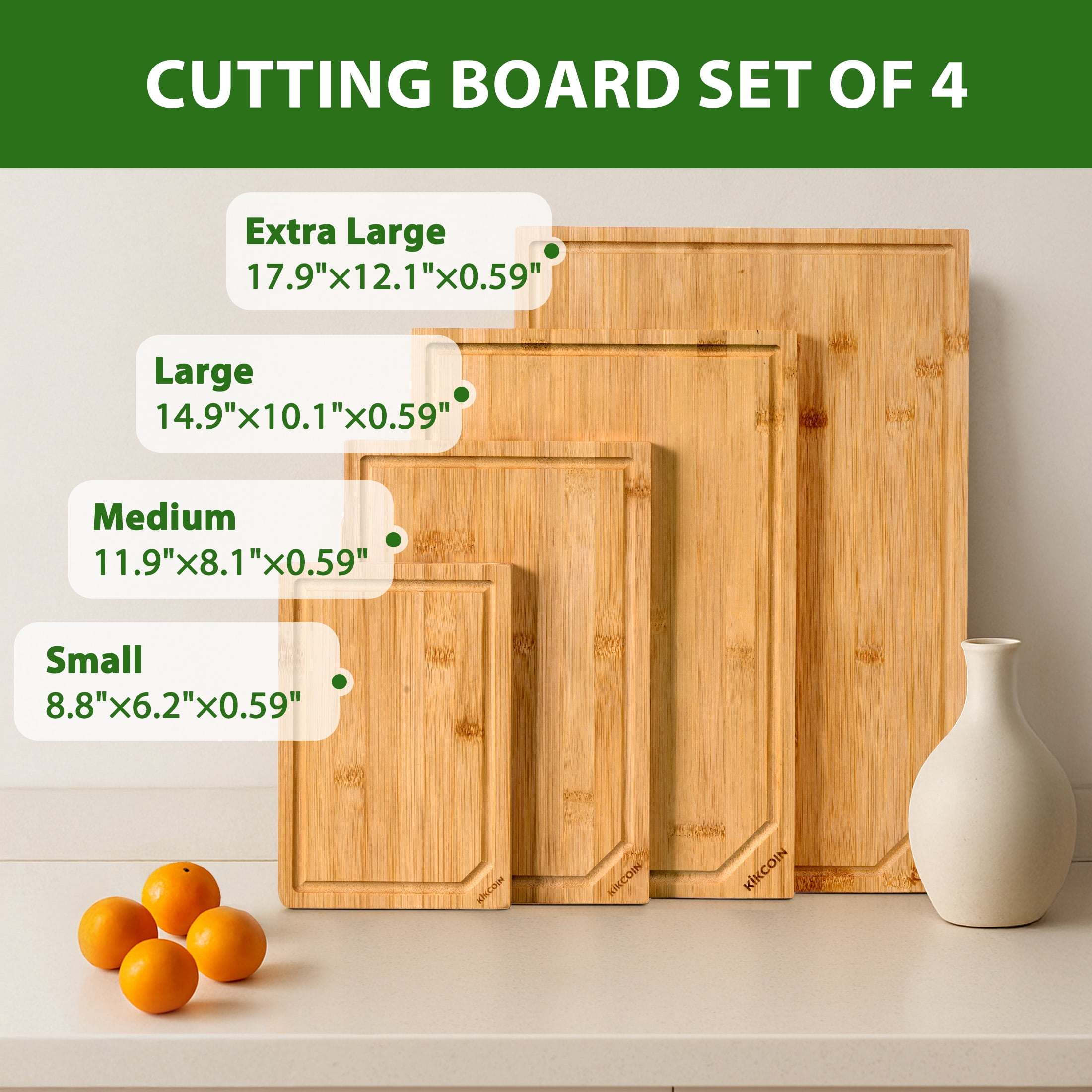 Kikcoin Cutting Board, 4 Pcs Extra Large Bamboo Cutting Boards for Kitchen, Wood Serving Tray with Juice Groove - Image 5