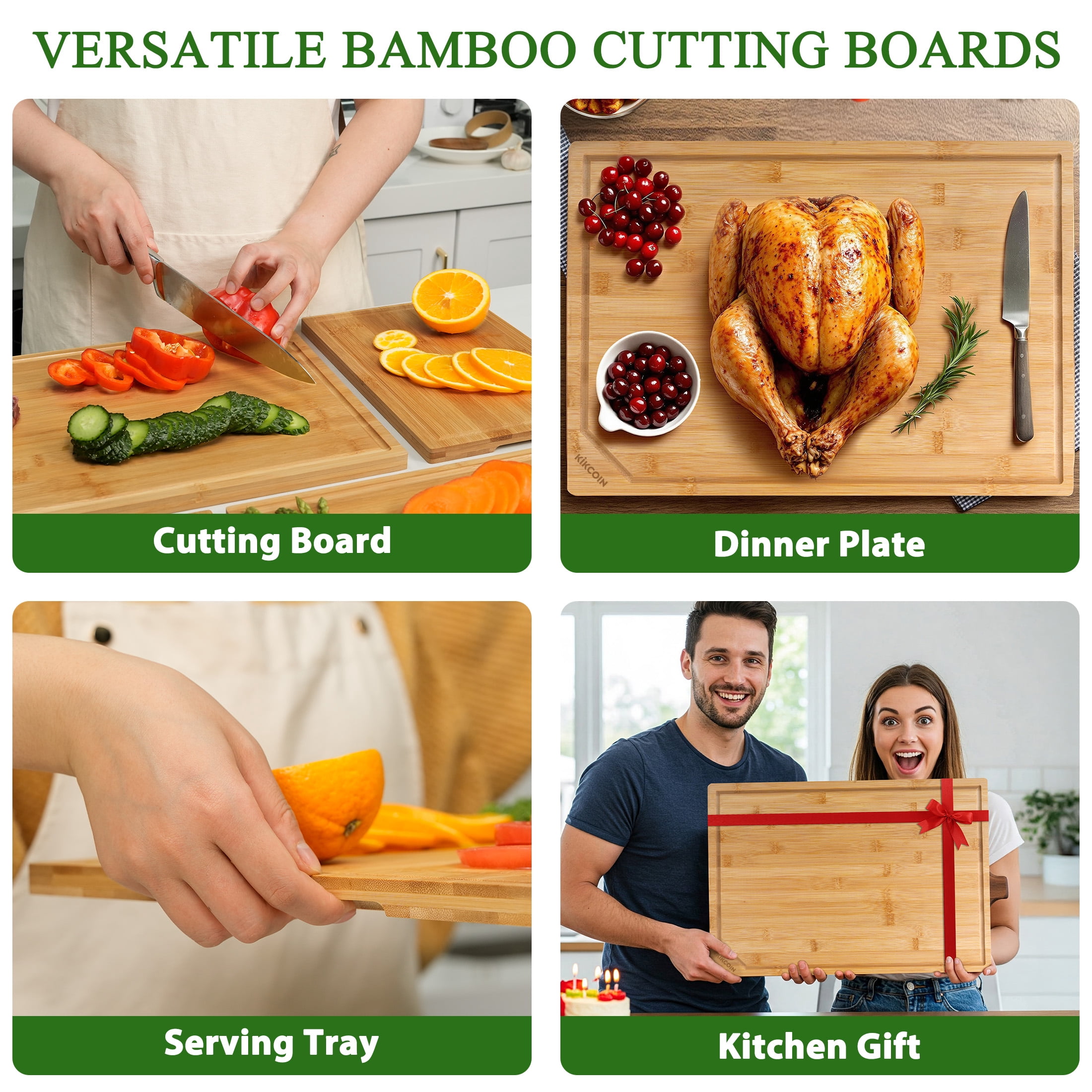 Kikcoin Cutting Board, 4 Pcs Extra Large Bamboo Cutting Boards for Kitchen, Wood Serving Tray with Juice Groove - Image 2