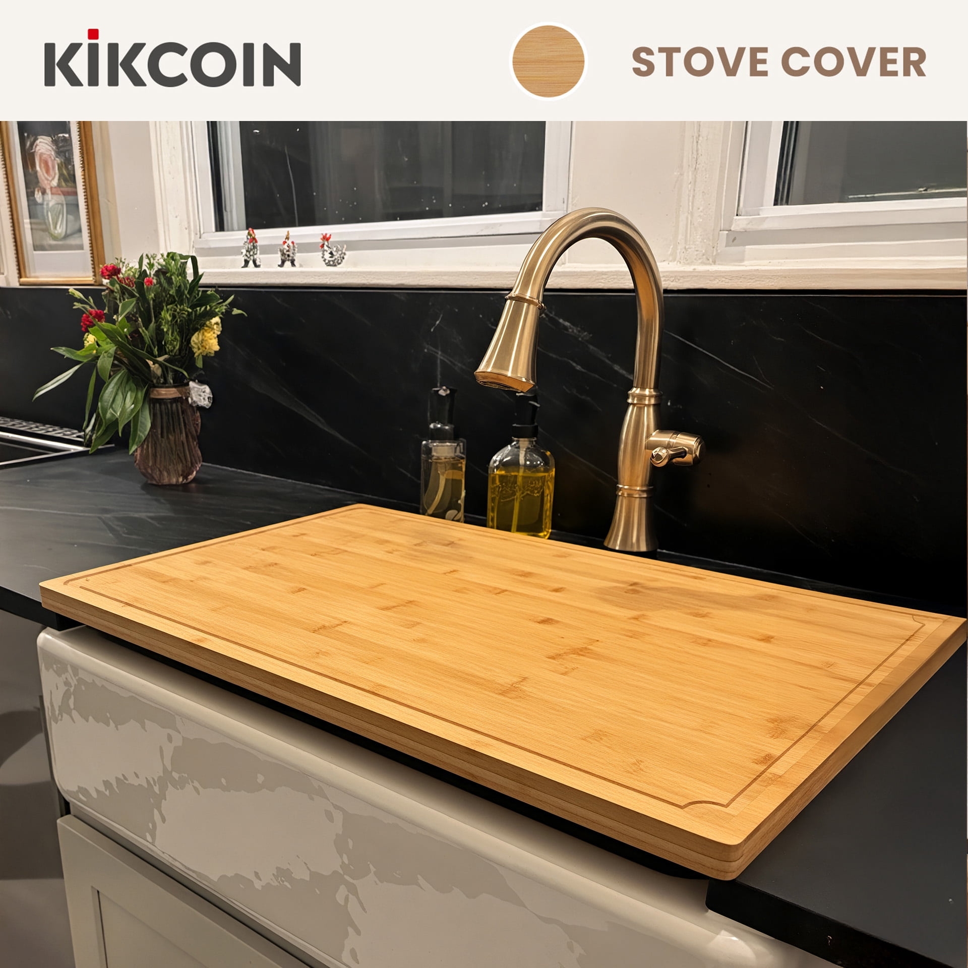 Kikcoin Extra Large Cutting Board, 30-inch Bamboo Stove Top Cover, Noodle Board with Side Handles, Reversible Kitchen Countertop Sink Cover - Image 3