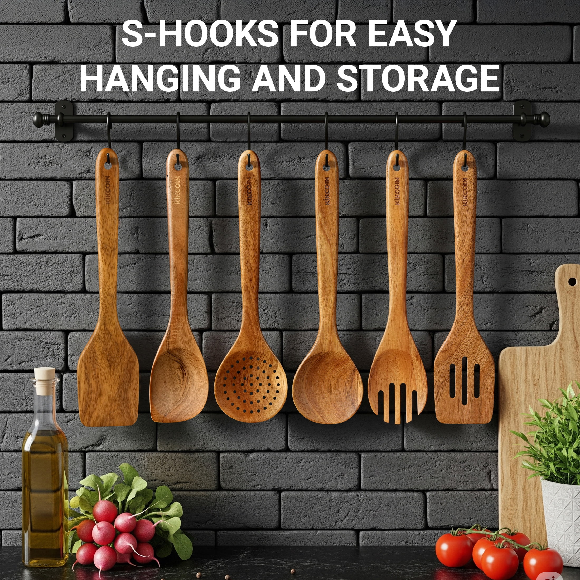 Kikcoin Wooden Cooking Utensil Set, 6 Pcs Acacia Wood Spoons for Cooking, Kitchen Utensils Set for Nonstick Pots, 6 Hooks Included, Heat Resistant - Image 3