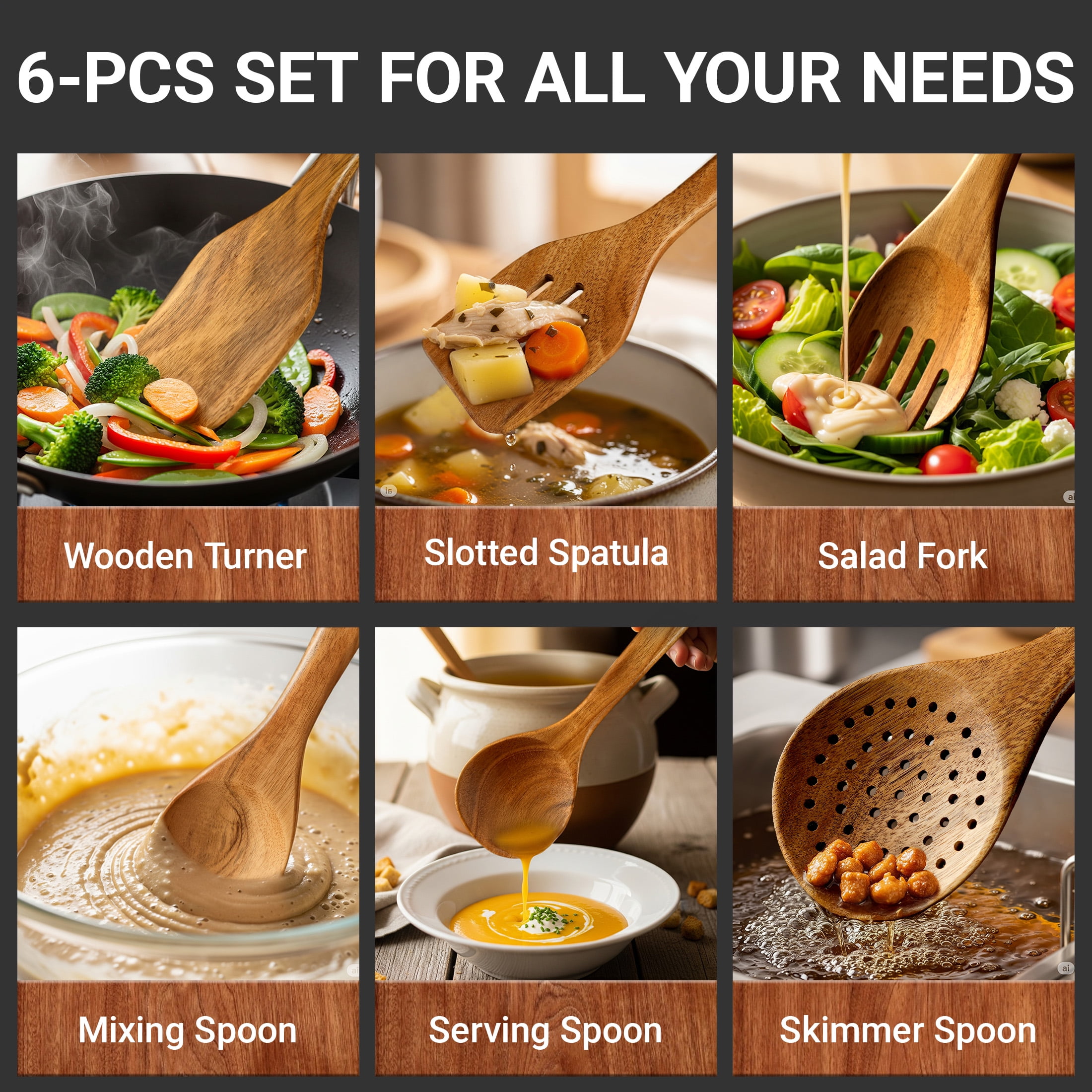 Kikcoin Wooden Cooking Utensil Set, 6 Pcs Acacia Wood Spoons for Cooking, Kitchen Utensils Set for Nonstick Pots, 6 Hooks Included, Heat Resistant - Image 5
