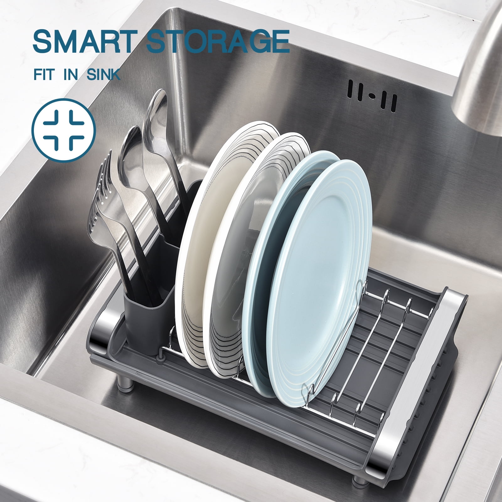 Kingrack Expandable Dish Drying Rack, Small Dish Drainer Rack for Kitchen Counter Organizers, Stainless Steel, Non-Slip Feet, Anti Rust Sink Plate Rack - Image 2