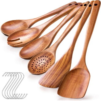 Kisportee Wooden Spoons for Cooking, Non-Stick Teak Wooden Cooking Utensils Set with Hooks, Wooden Kitchen Utensils for Everyday Baking,Cooking