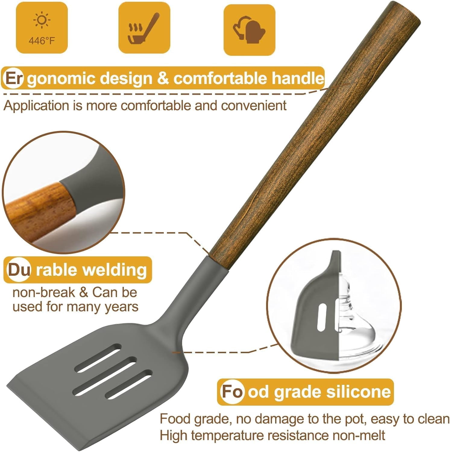Kitchen Cooking Utensils Set, 12 pcs Non-Stick Silicone Cooking Kitchen Utensils Spatula Set with Holder, Wooden Handle Silicone Kitchen Gadgets Utensil Set - Image 3