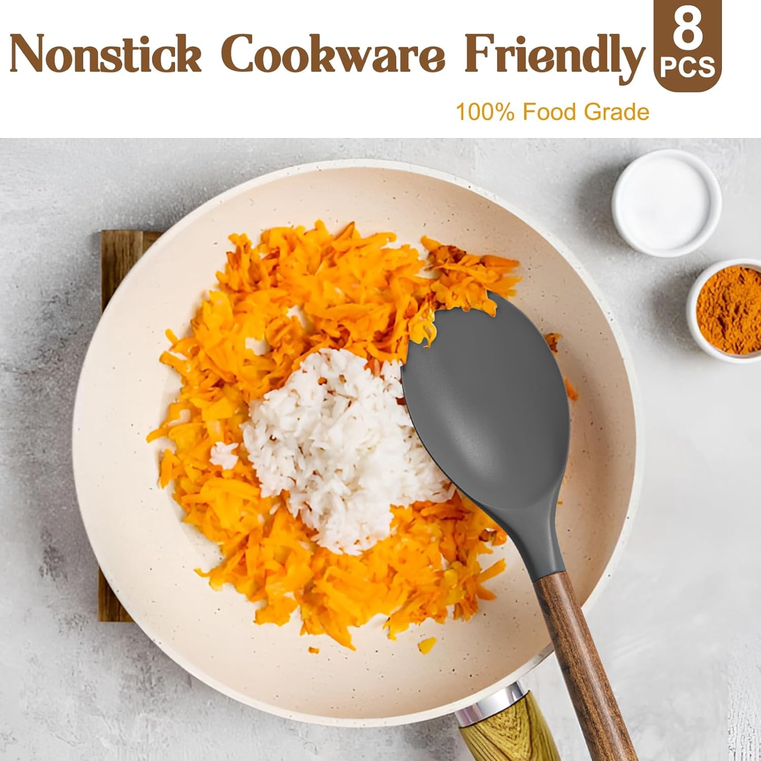 Kitchen Cooking Utensils Set, 12 pcs Non-Stick Silicone Cooking Kitchen Utensils Spatula Set with Holder, Wooden Handle Silicone Kitchen Gadgets Utensil Set - Image 2