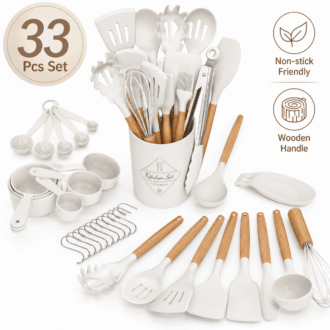 Kitchen Cooking Utensils Set, 33 pcs Non-stick Silicone Cooking Kitchen Utensils Spatula Set with Holder, Wooden Handle Silicone Kitchen Gadgets Utensil Set (Cream White)