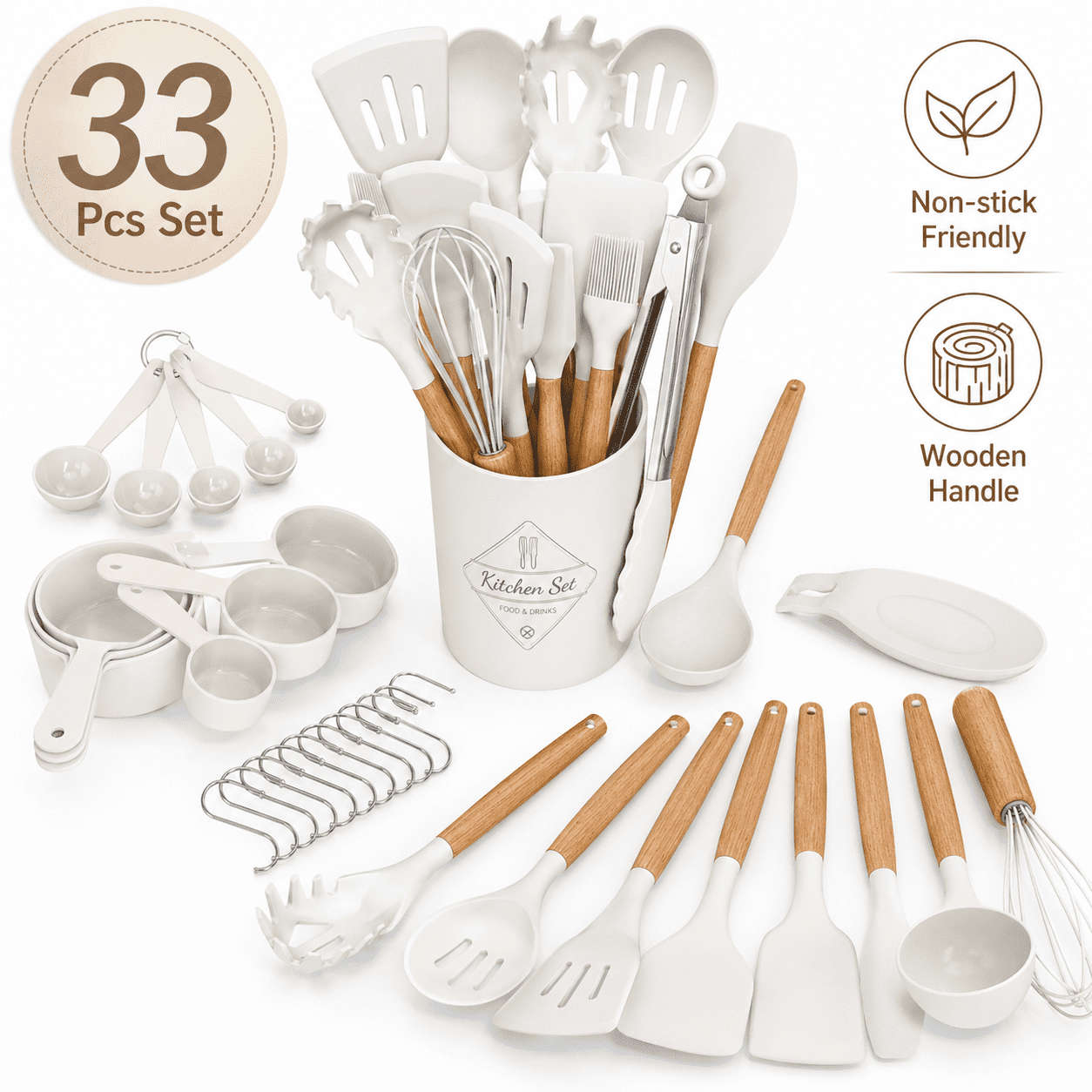Kitchen Cooking Utensils Set, 33 pcs Non-stick Silicone Cooking Kitchen Utensils Spatula Set with Holder, Wooden Handle Silicone Kitchen Gadgets Utensil Set (Cream White)