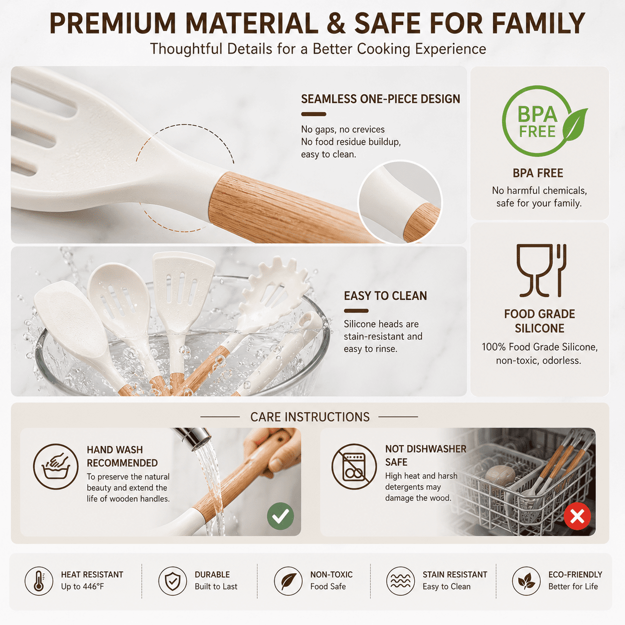 Kitchen Cooking Utensils Set, 33 pcs Non-stick Silicone Cooking Kitchen Utensils Spatula Set with Holder, Wooden Handle Silicone Kitchen Gadgets Utensil Set (Cream White) - Image 3