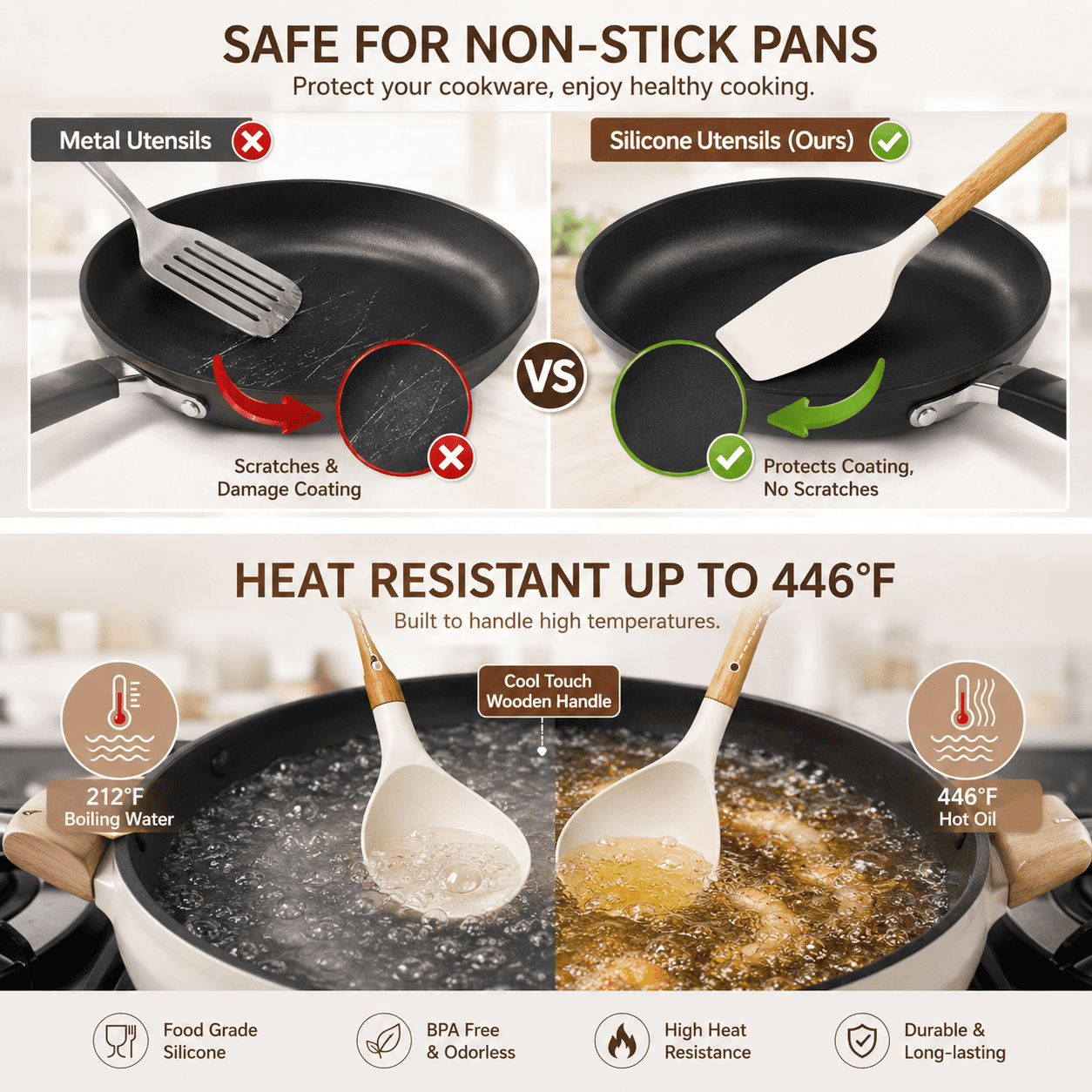 Kitchen Cooking Utensils Set, 33 pcs Non-stick Silicone Cooking Kitchen Utensils Spatula Set with Holder, Wooden Handle Silicone Kitchen Gadgets Utensil Set (Cream White) - Image 4