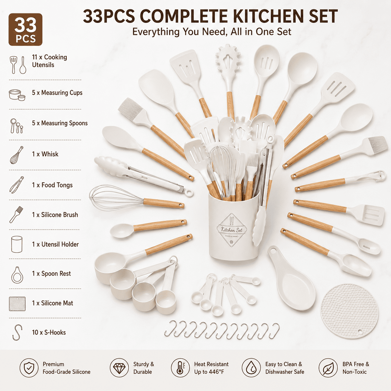 Kitchen Cooking Utensils Set, 33 pcs Non-stick Silicone Cooking Kitchen Utensils Spatula Set with Holder, Wooden Handle Silicone Kitchen Gadgets Utensil Set (Cream White) - Image 2
