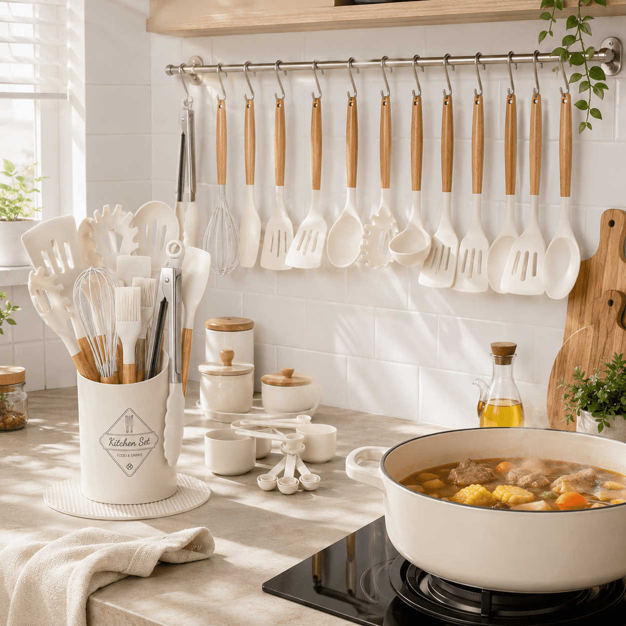 Kitchen Cooking Utensils Set, 33 pcs Non-stick Silicone Cooking Kitchen Utensils Spatula Set with Holder, Wooden Handle Silicone Kitchen Gadgets Utensil Set (Cream White) - Image 5