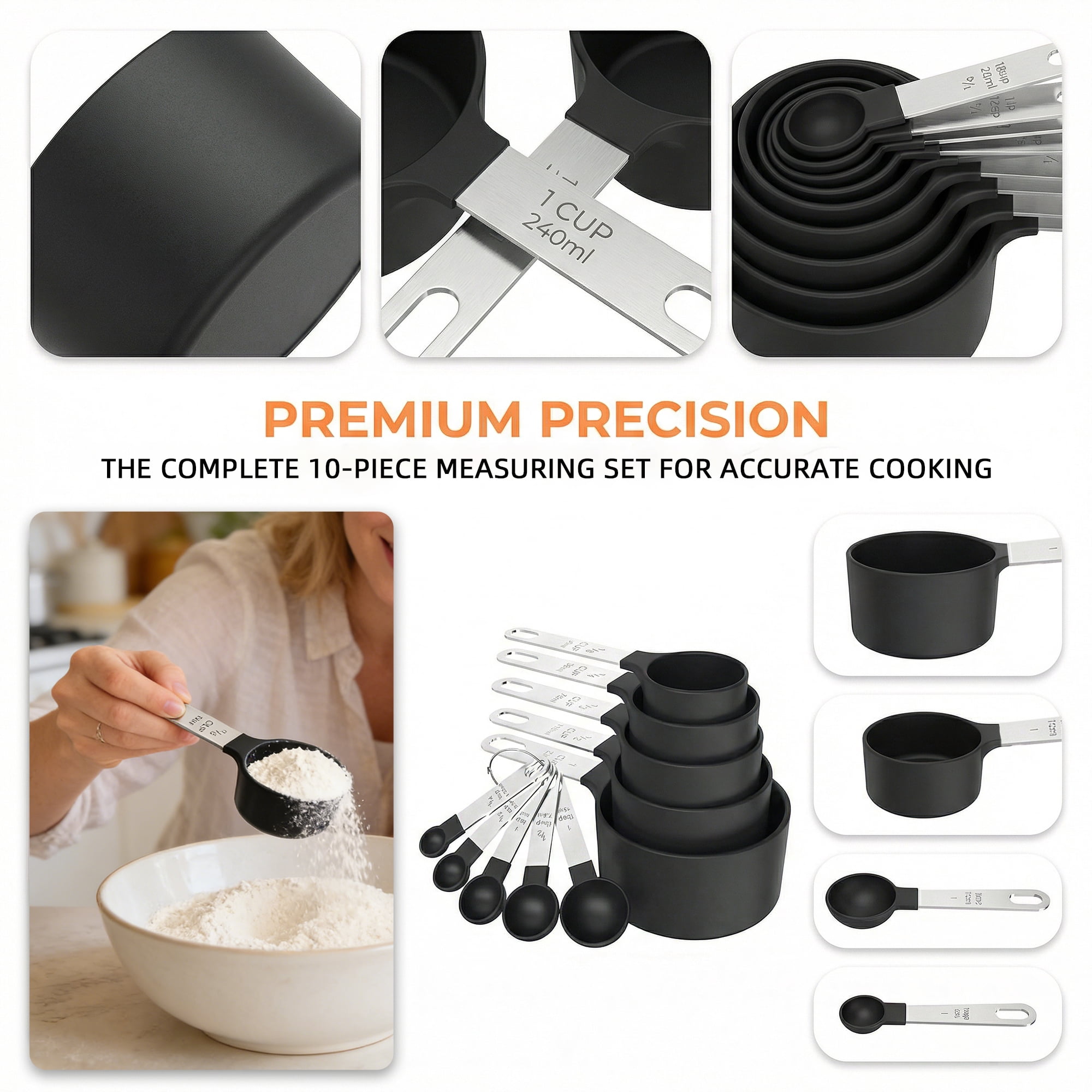 Kitchen Stainless Steel Nesting Measuring Spoons and Cups Set, Black,10PCS - Image 4