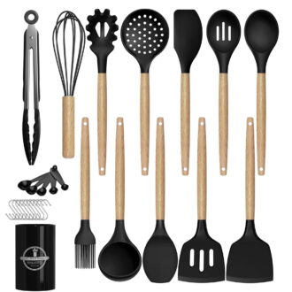 Kitchen Utensils Set,28-Piece Nonstick Silicone Cooking Utensils Set with Holder Wood Handle(Khaki)