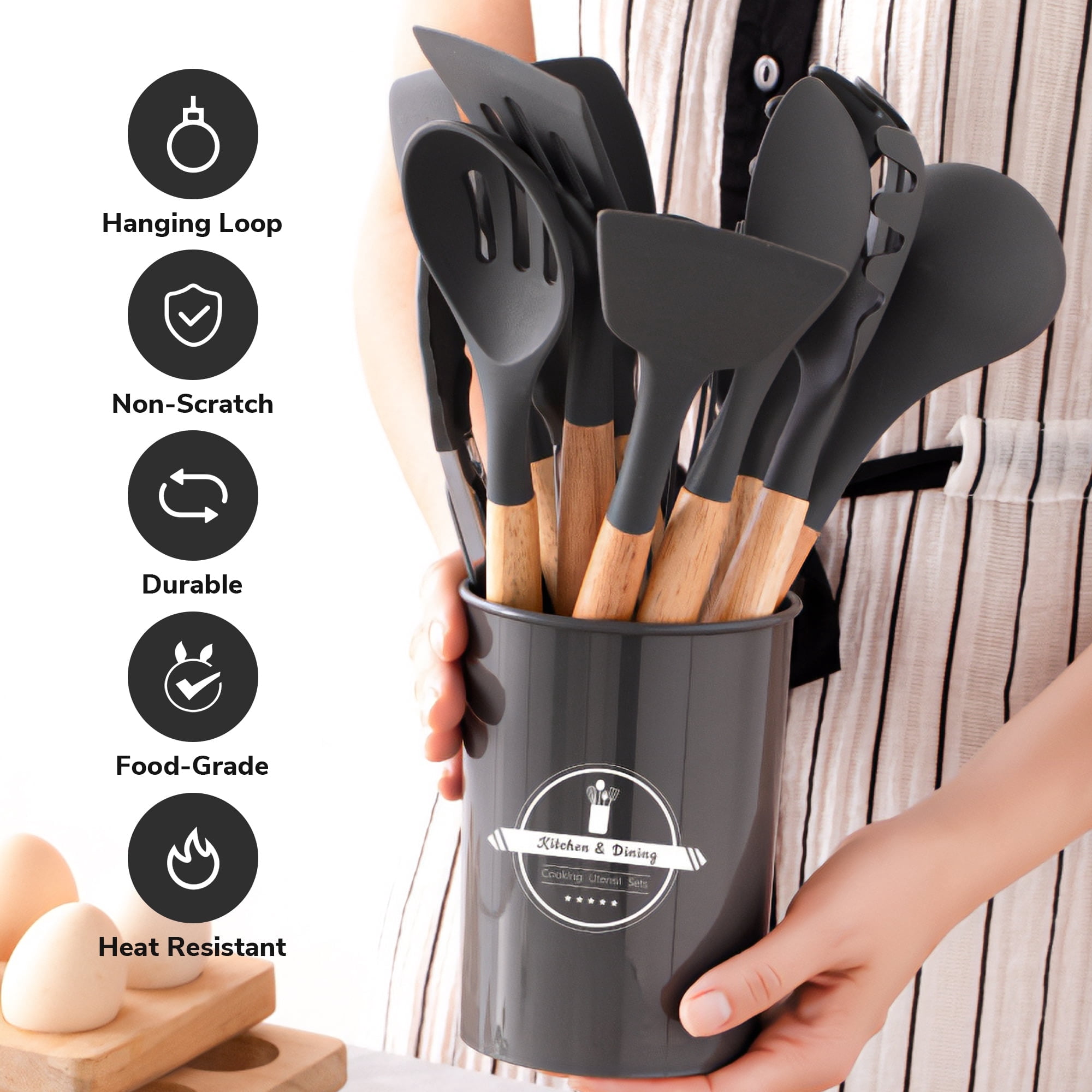 Kitchen Utensils Set,28-Piece Nonstick Silicone Cooking Utensils Set with Holder Wood Handle(Khaki) - Image 3