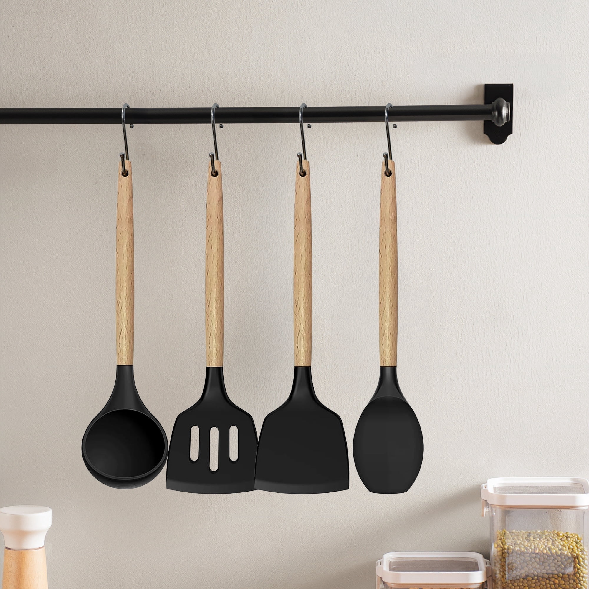 Kitchen Utensils Set,28-Piece Nonstick Silicone Cooking Utensils Set with Holder Wood Handle(Khaki) - Image 2