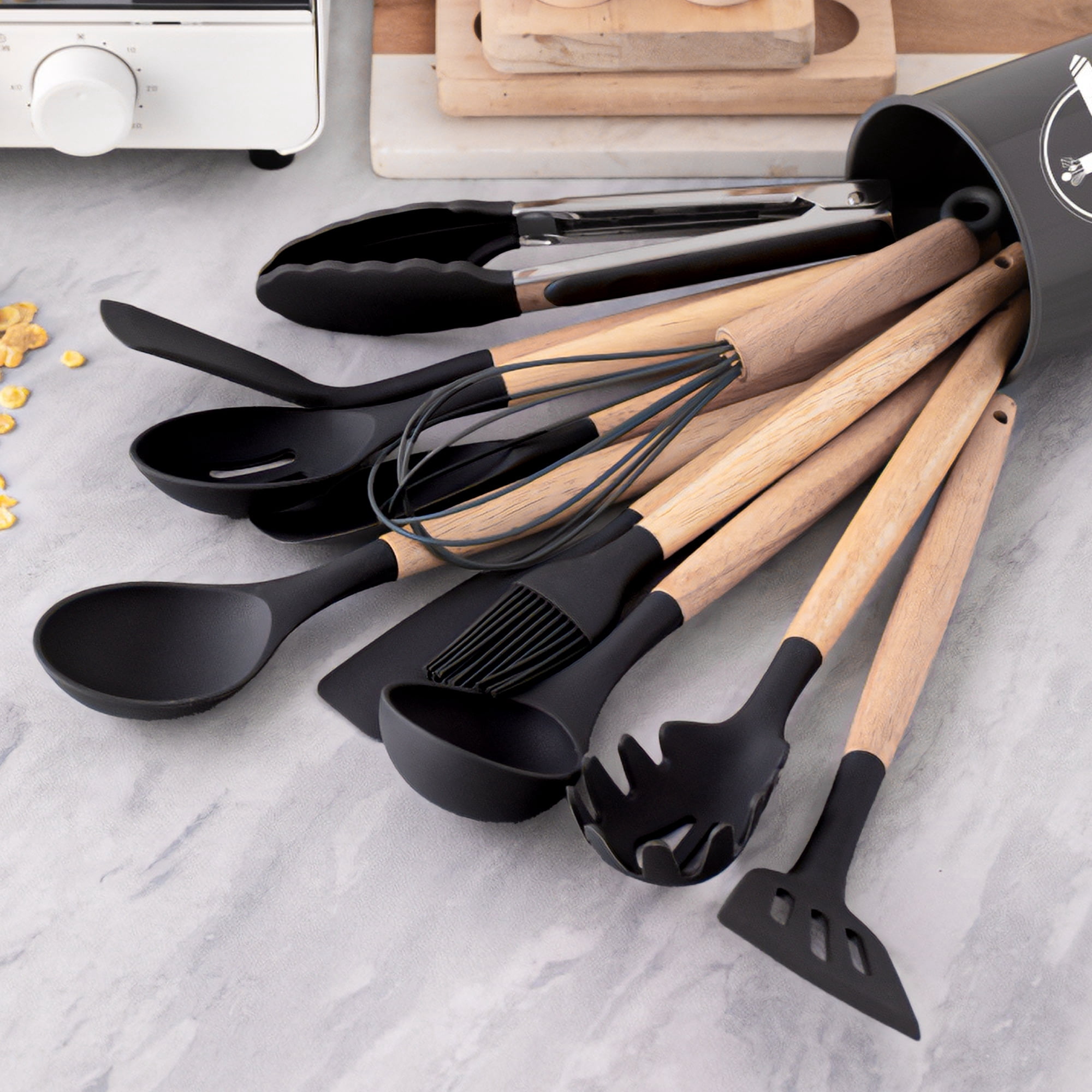 Kitchen Utensils Set,28-Piece Nonstick Silicone Cooking Utensils Set with Holder Wood Handle(Khaki) - Image 5