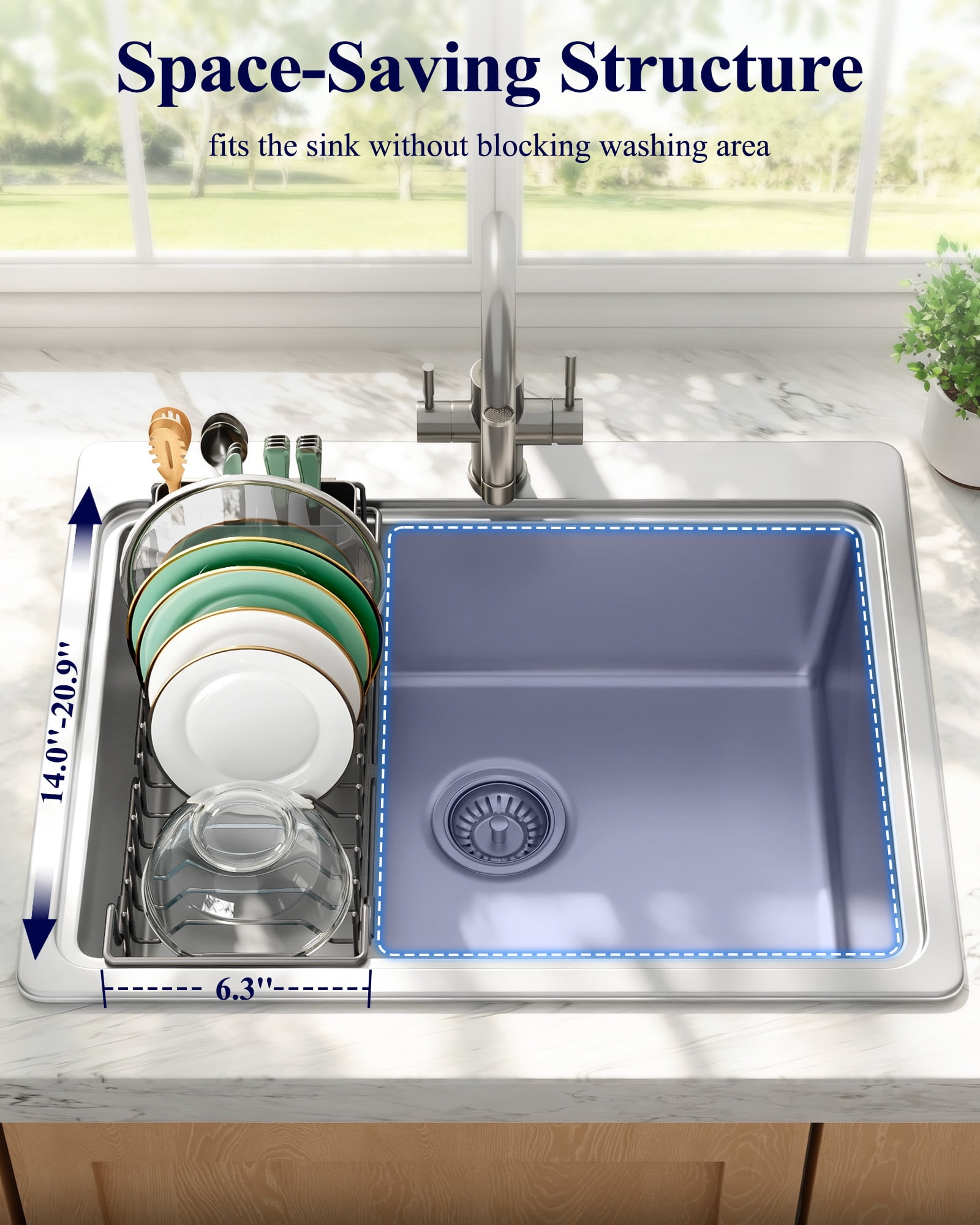 Kitsure Expandable Dish Drying Rack with Drying Tray, Over Sink Dish Rack for Kitchen Counter, Removable Utensils Holder, Fits 14"-20.9" Sink, Black - Image 3