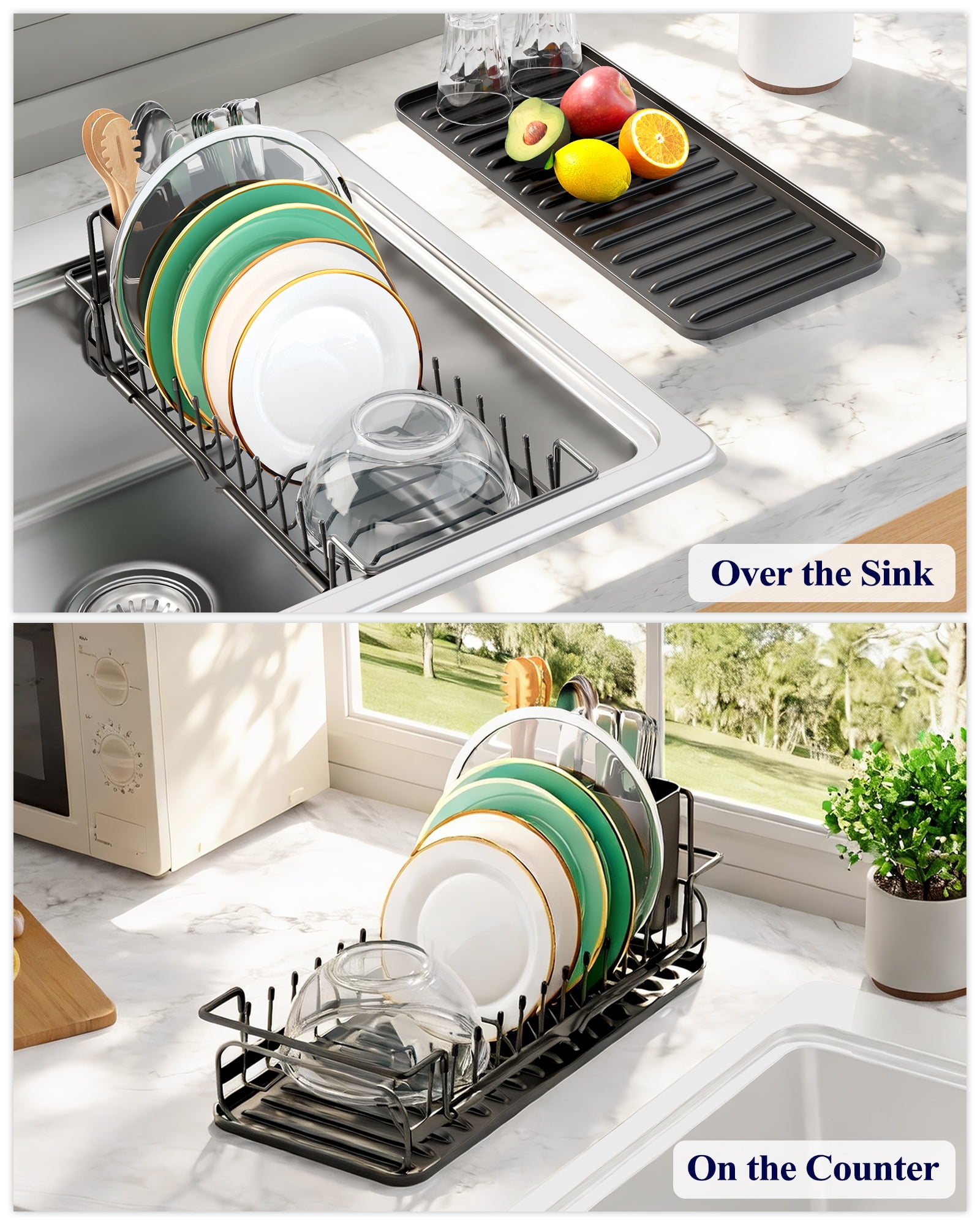 Kitsure Expandable Dish Drying Rack with Drying Tray, Over Sink Dish Rack for Kitchen Counter, Removable Utensils Holder, Fits 14"-20.9" Sink, Black - Image 4
