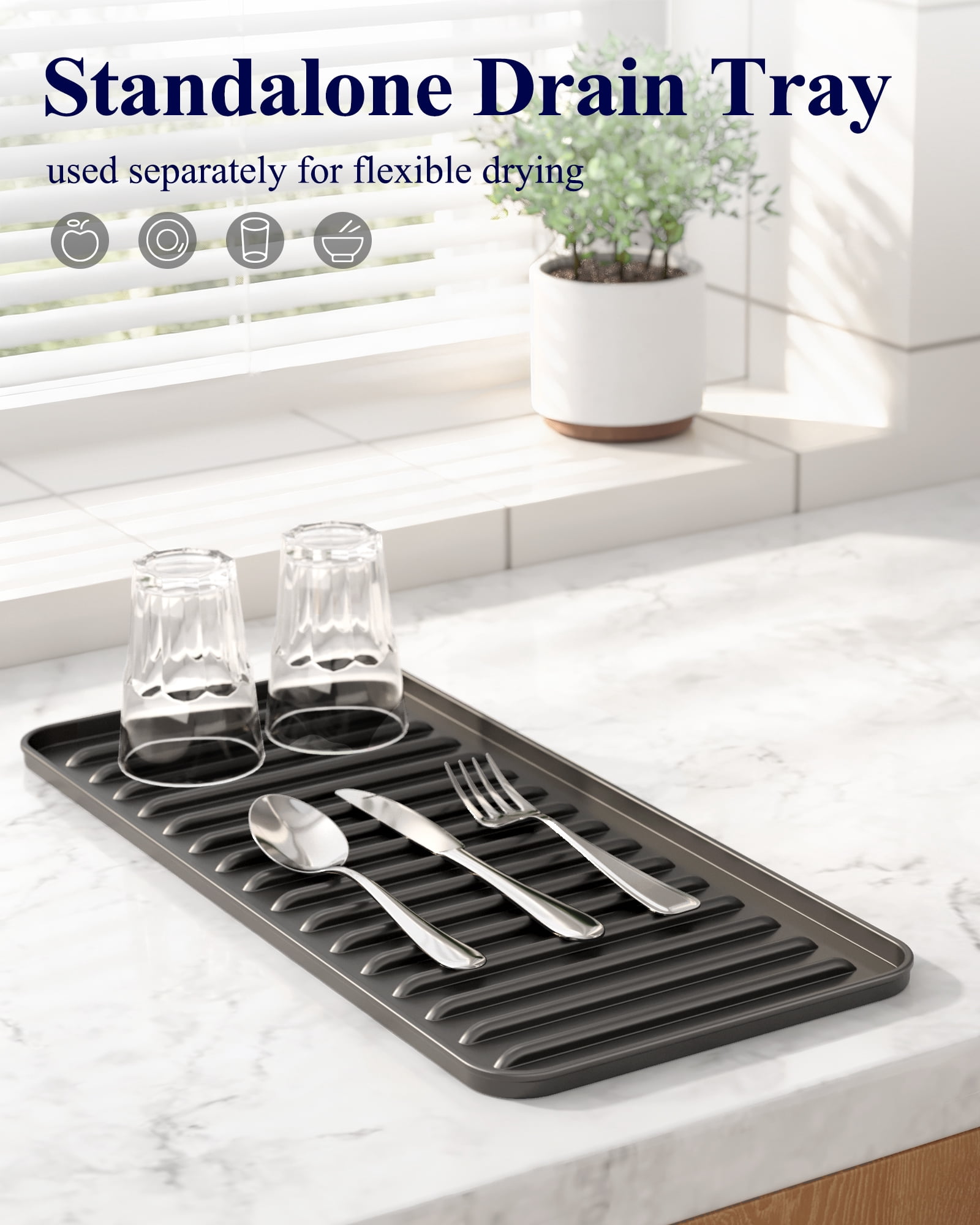 Kitsure Expandable Dish Drying Rack with Drying Tray, Over Sink Dish Rack for Kitchen Counter, Removable Utensils Holder, Fits 14"-20.9" Sink, Black - Image 5