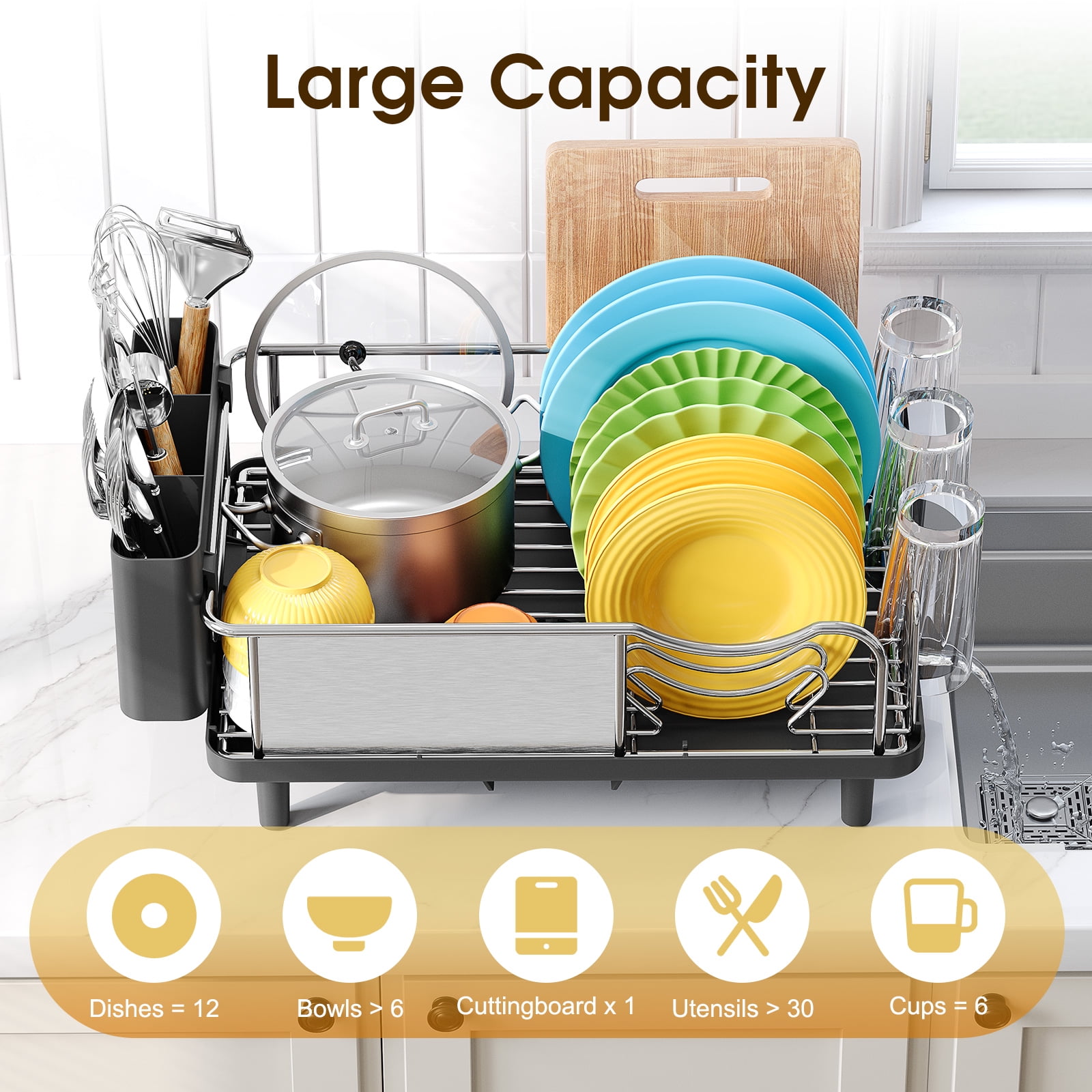 KK KINGRACK Dish Drying Rack, Large Capacity 304 Stainless Steel Dish Rack for Kitchen, Black - Image 5