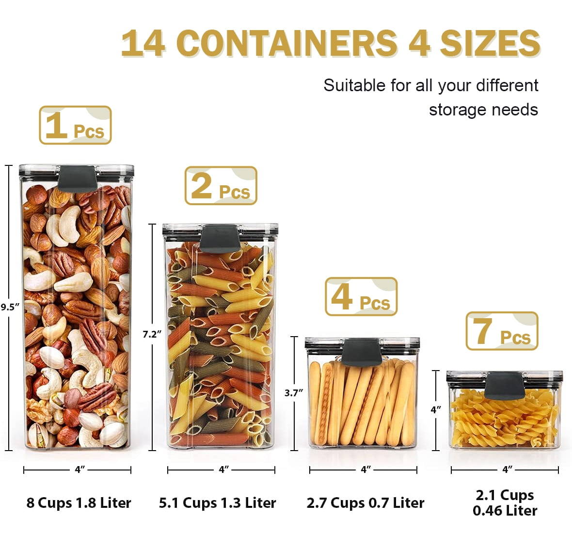Kosbon Airtight Food Storage Container Set, 14 Pcs BPA Free Plastic Dry Food Rice Canisters for Kitchen Pantry Organization and Storage - Image 5