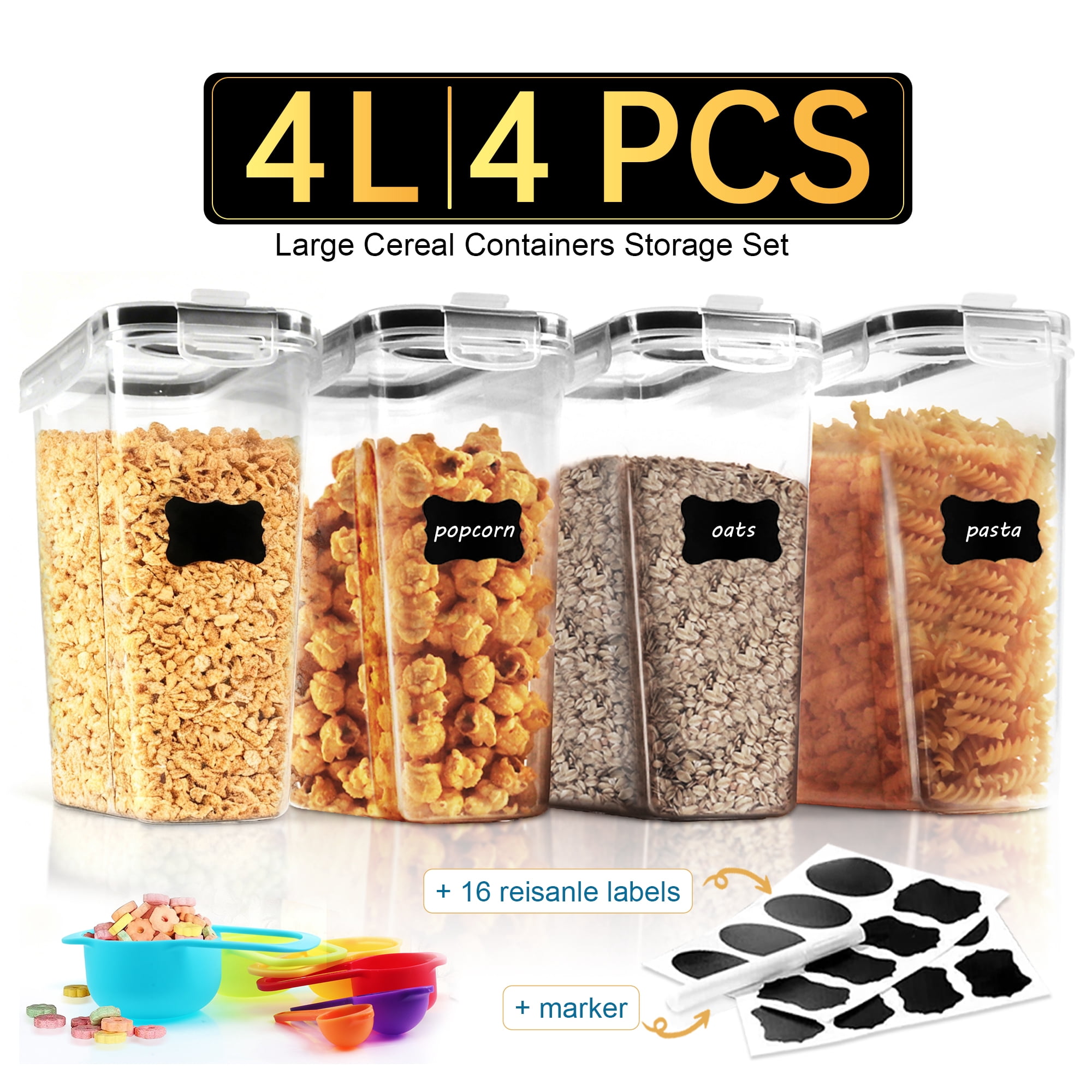 Kosbon Large Cereal Containers Storage Set, 4 Packs Dispenser Approx. 4L Fits Full Standard Size Cereal Box, Airtight Cereal Container Set, Large Plastic Storage Container