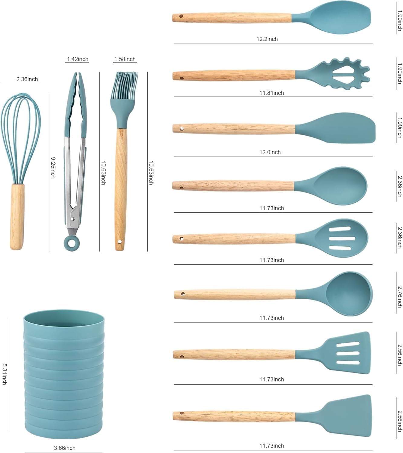 KSENDALO Small Silicone Cooking Utensils with Holder Set (12Pack), Aqua Kitchen Tools with Wooden Handle for Nonstick Cookware - Image 3