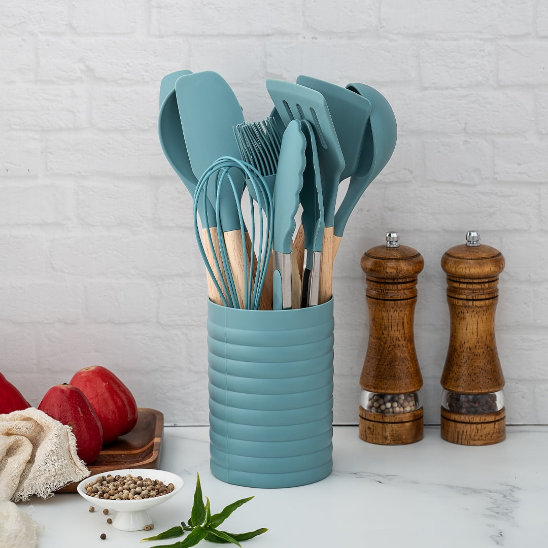 KSENDALO Small Silicone Cooking Utensils with Holder Set (12Pack), Aqua Kitchen Tools with Wooden Handle for Nonstick Cookware - Image 2
