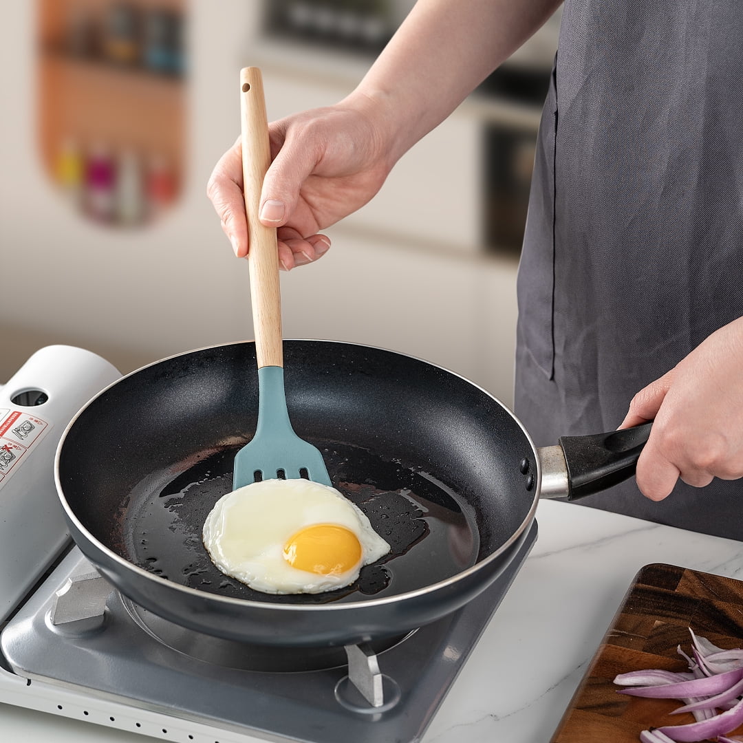 KSENDALO Small Silicone Cooking Utensils with Holder Set (12Pack), Aqua Kitchen Tools with Wooden Handle for Nonstick Cookware - Image 4