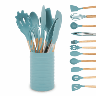 KSENDALO Small Silicone Cooking Utensils with Holder Set (12Pack), Aqua Kitchen Tools with Wooden Handle for Nonstick Cookware