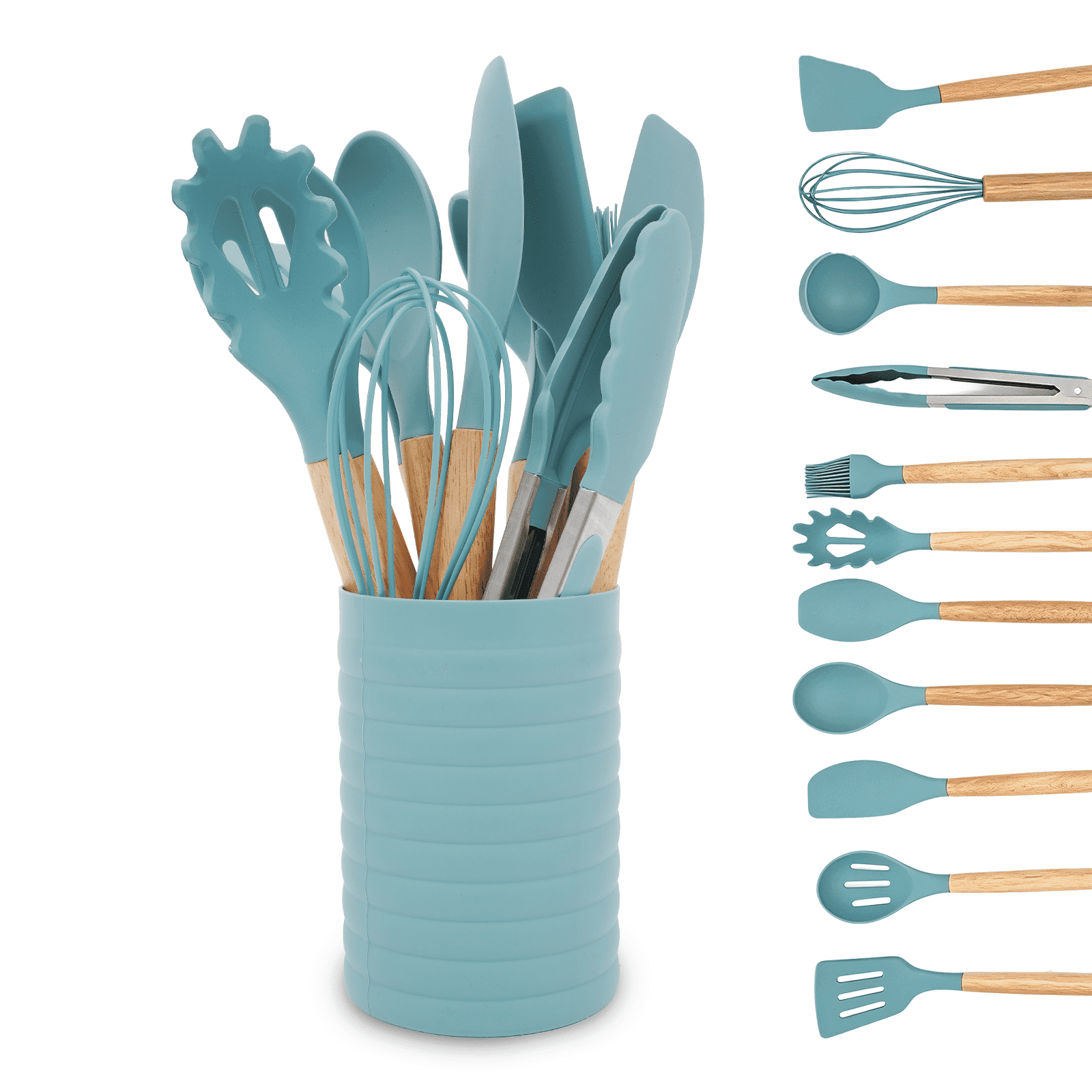 KSENDALO Small Silicone Cooking Utensils with Holder Set (12Pack), Aqua Kitchen Tools with Wooden Handle for Nonstick Cookware
