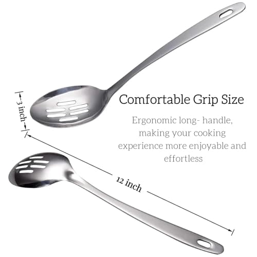 Large Cooking Spoon Set,12.5-inch Stainless Steel Solid & Slotted Spoons,Heavy Duty Metal Spoon for Mixing,Serving,Stiring Kitchen Utensils. - Image 2