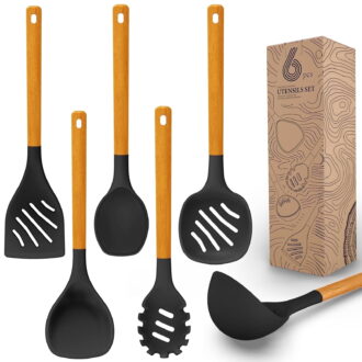 Large Silicone Cooking Utensils Set - Heat Resistant Silicone Utensils for Cooking w Long Wooden Handles, Kitchen Utensil Spatula Set, Kitchen Gadgets for Non-Stick Cookware, BPA Free(Black)